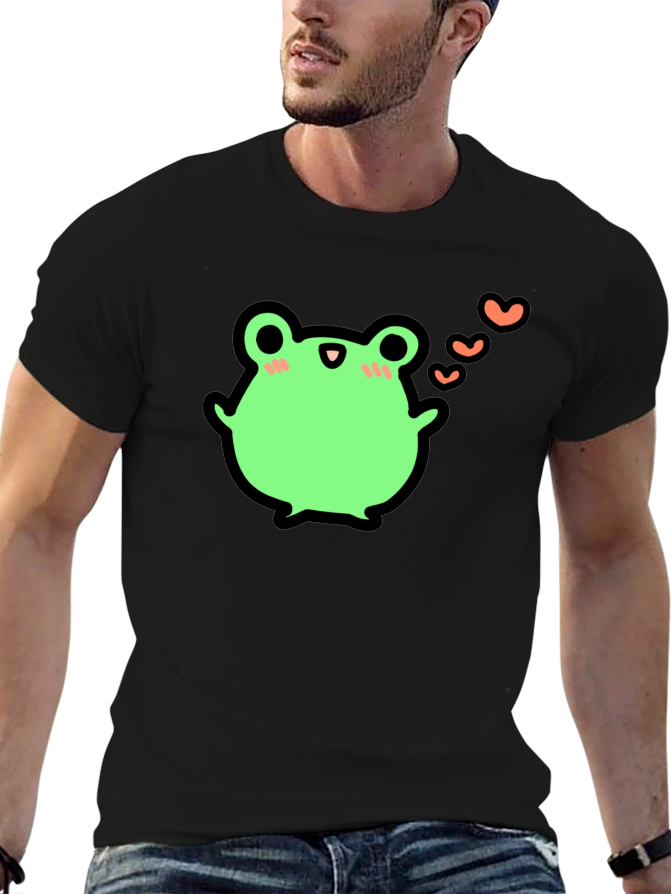 Cute Frog With Hearts Graphic Black T-Shirt