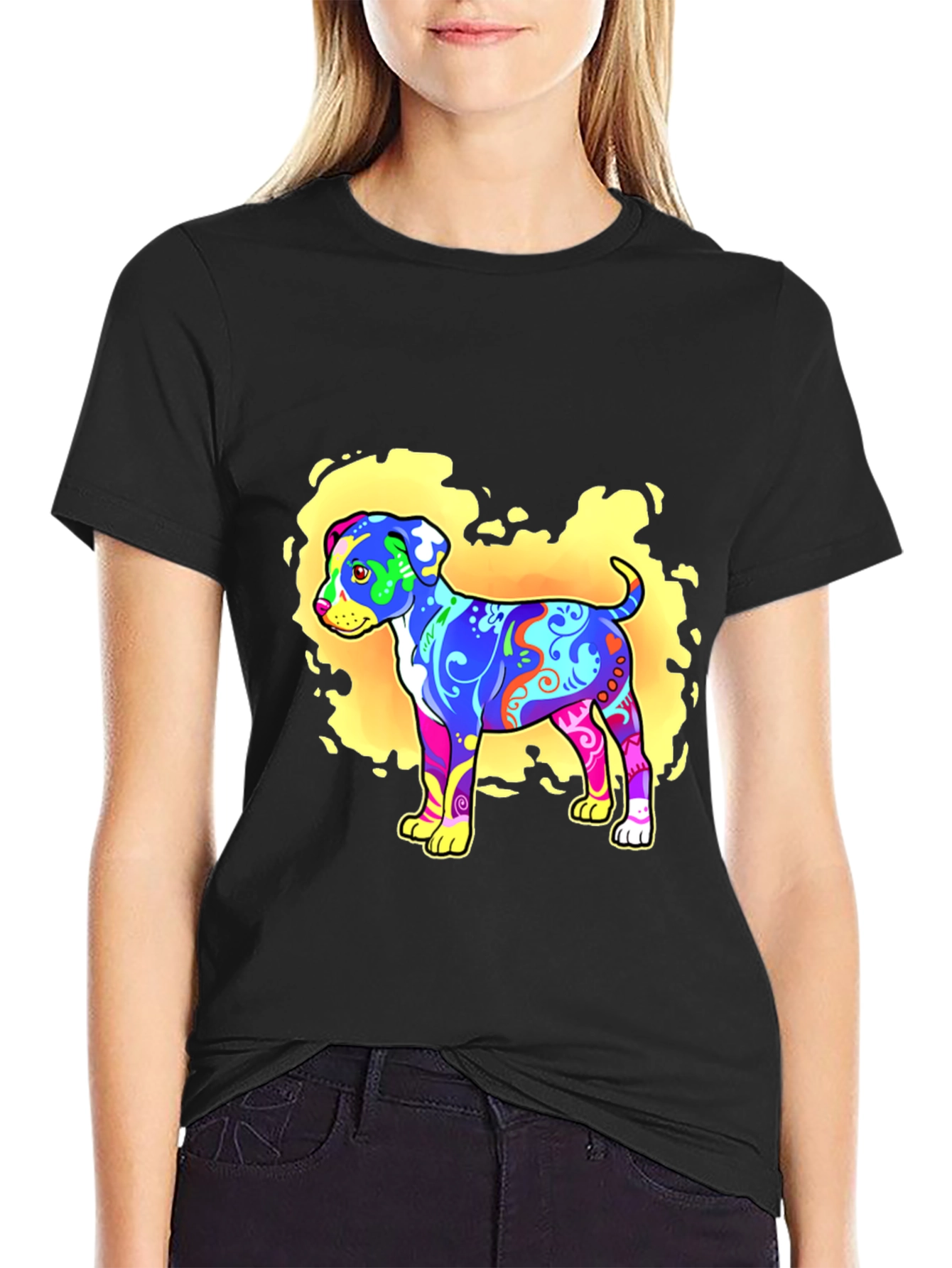 Psychedelic Dog Graphic T-Shirt - Black