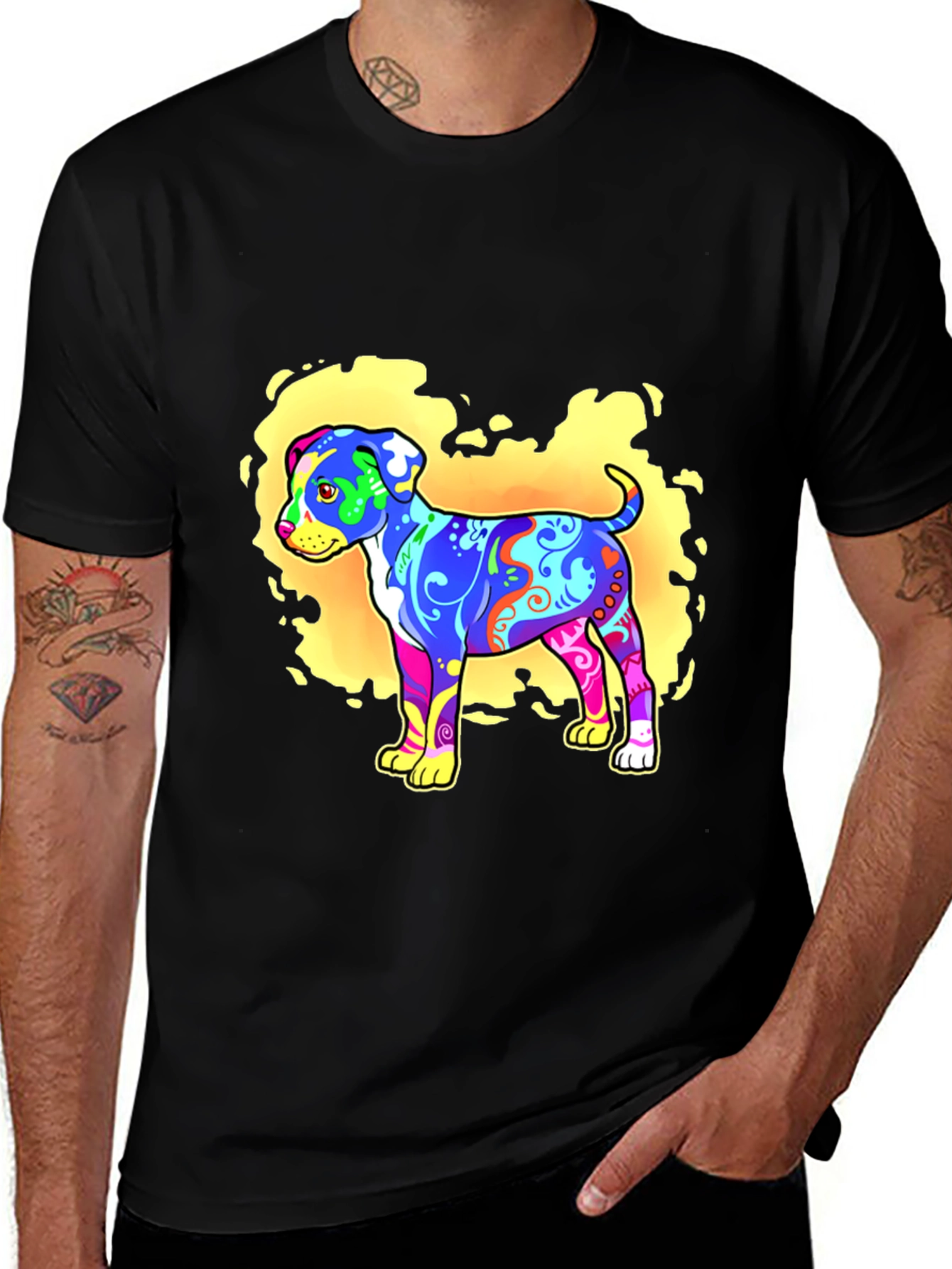 Psychedelic Dog Graphic T-Shirt - Black