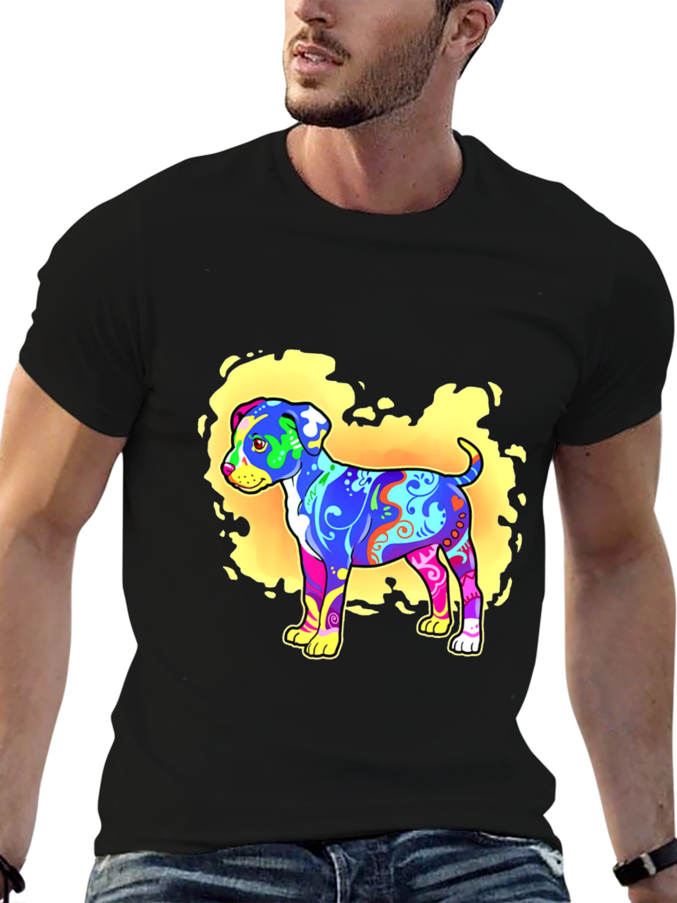 Psychedelic Dog Graphic T-Shirt - Black
