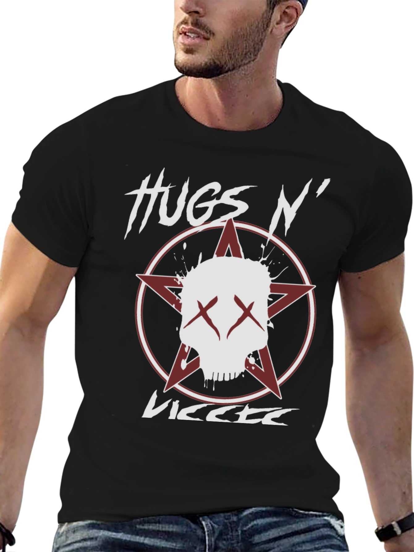 Hugs N VICCTE Black Graphic T-Shirt with Skull Design