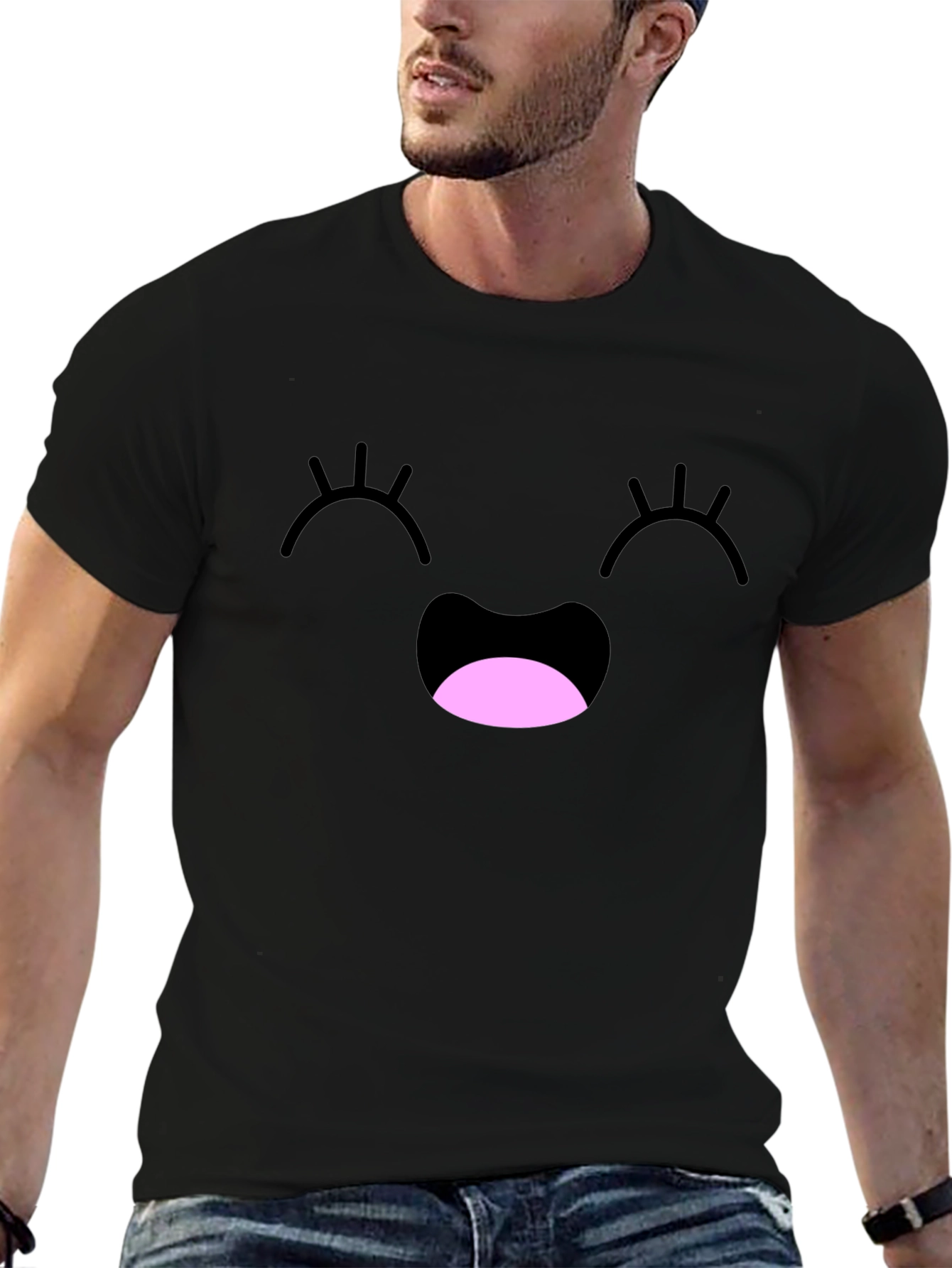 Happy Face Graphic Tee - Black Cotton Blend