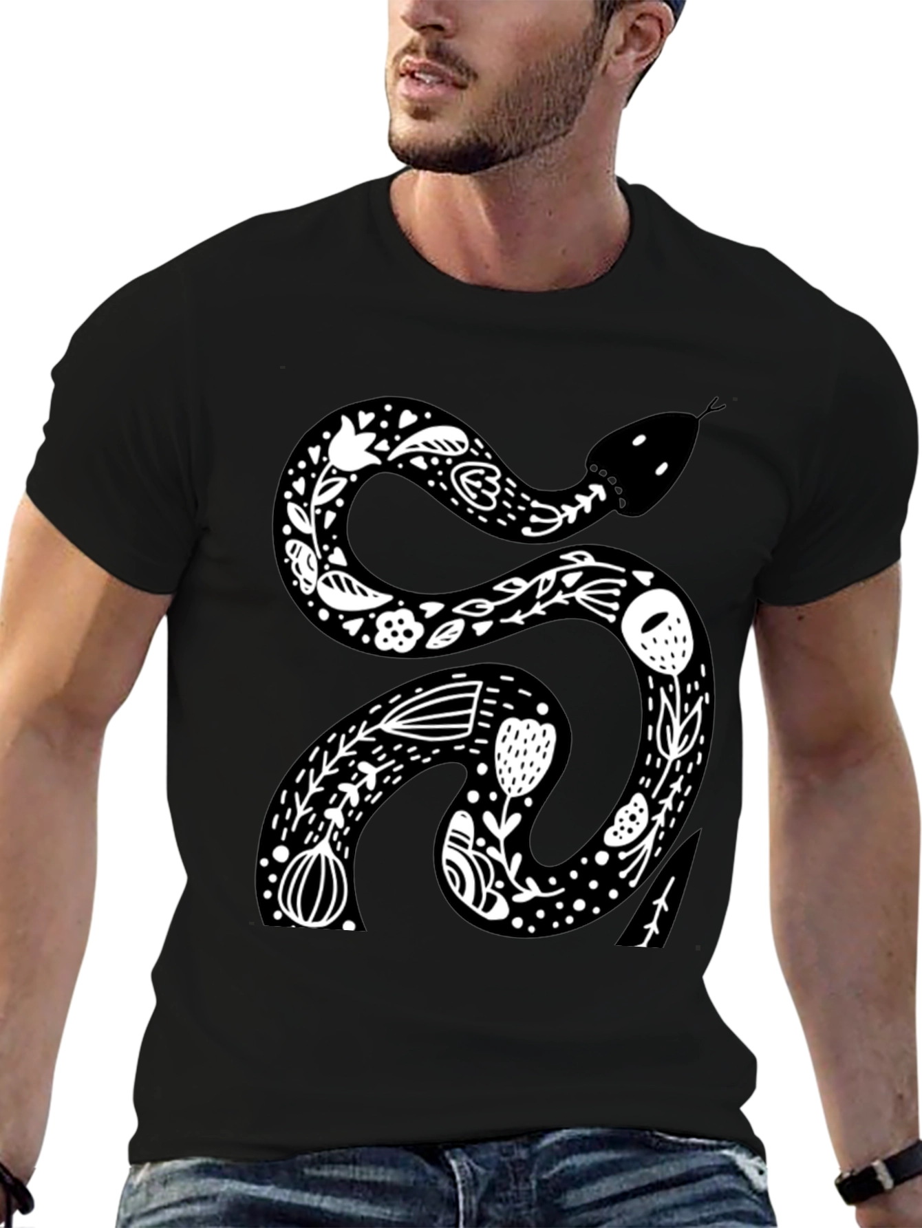 Floral Snake Graphic Tee - Black Cotton