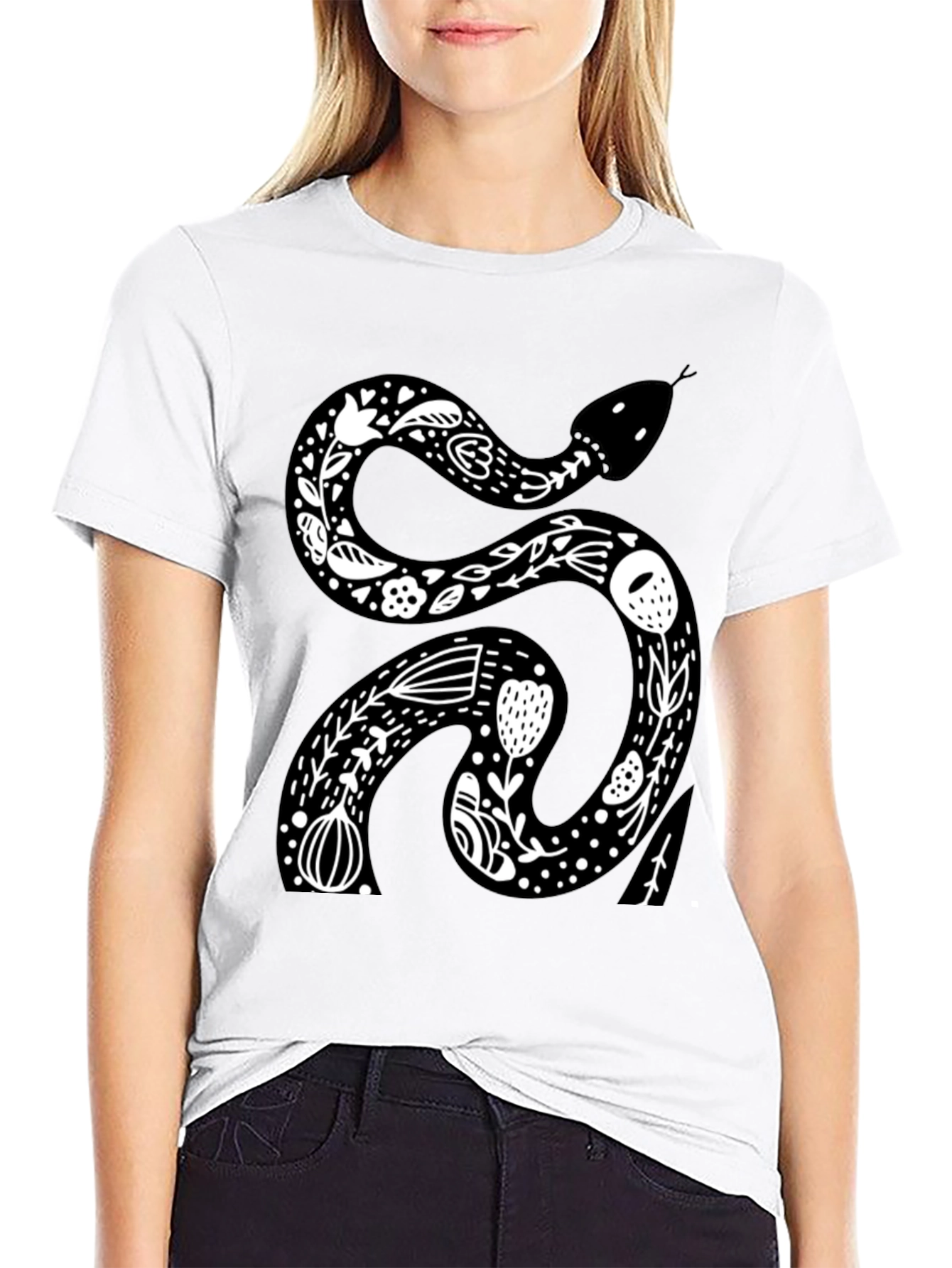 Floral Snake Graphic Tee - Black Cotton