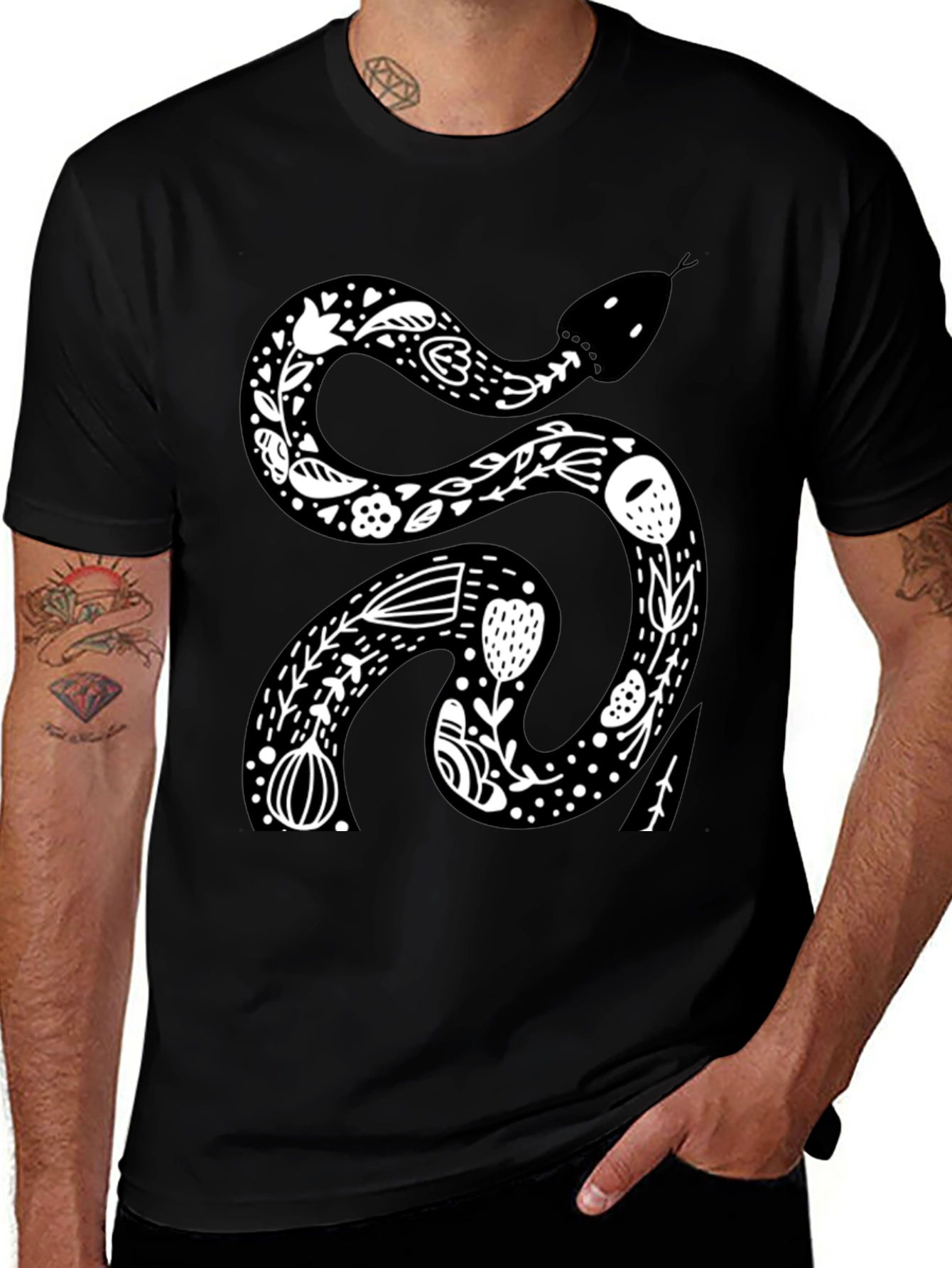 Floral Snake Graphic Tee - Black Cotton