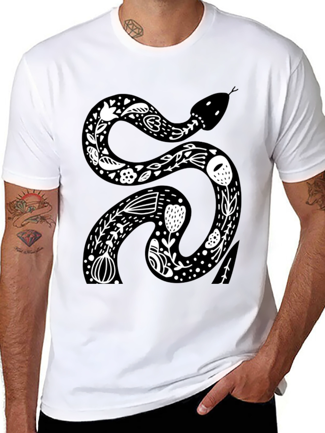 Floral Snake Graphic Tee - Black Cotton