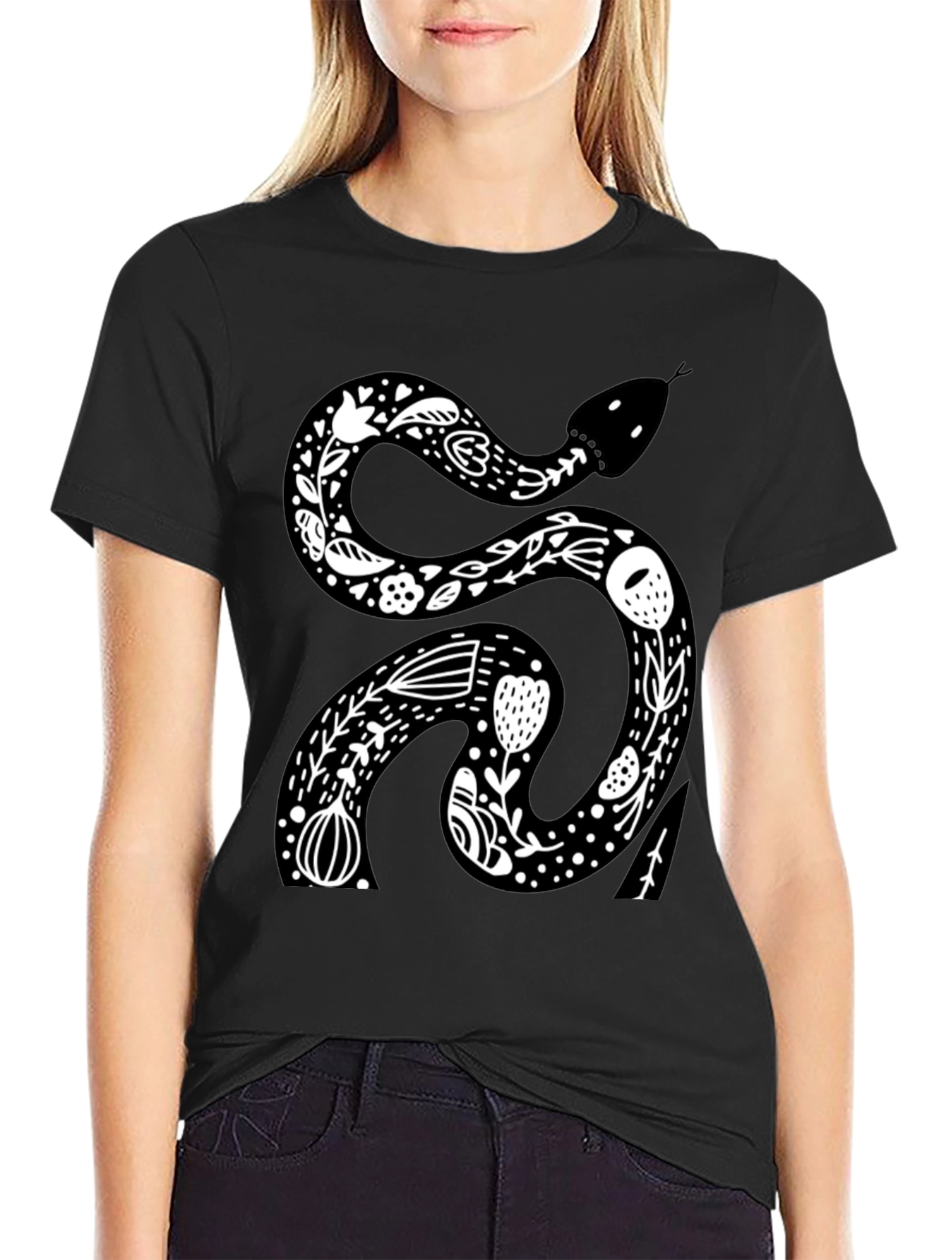 Floral Snake Graphic Tee - Black Cotton