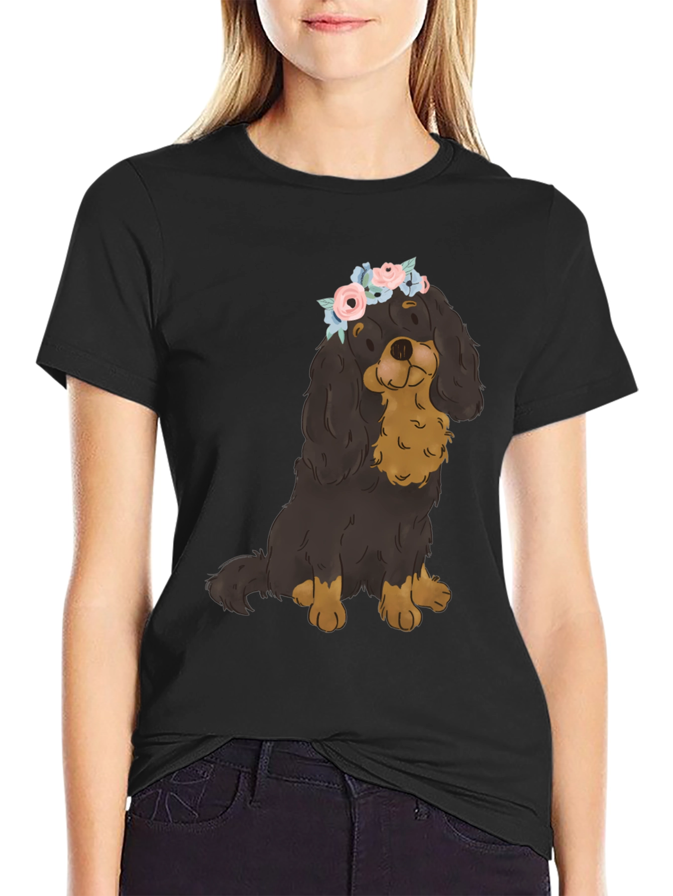 Dog with Flower Crown T-Shirt - Black