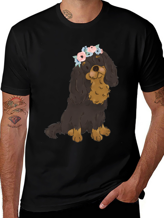 Dog with Flower Crown T-Shirt - Black