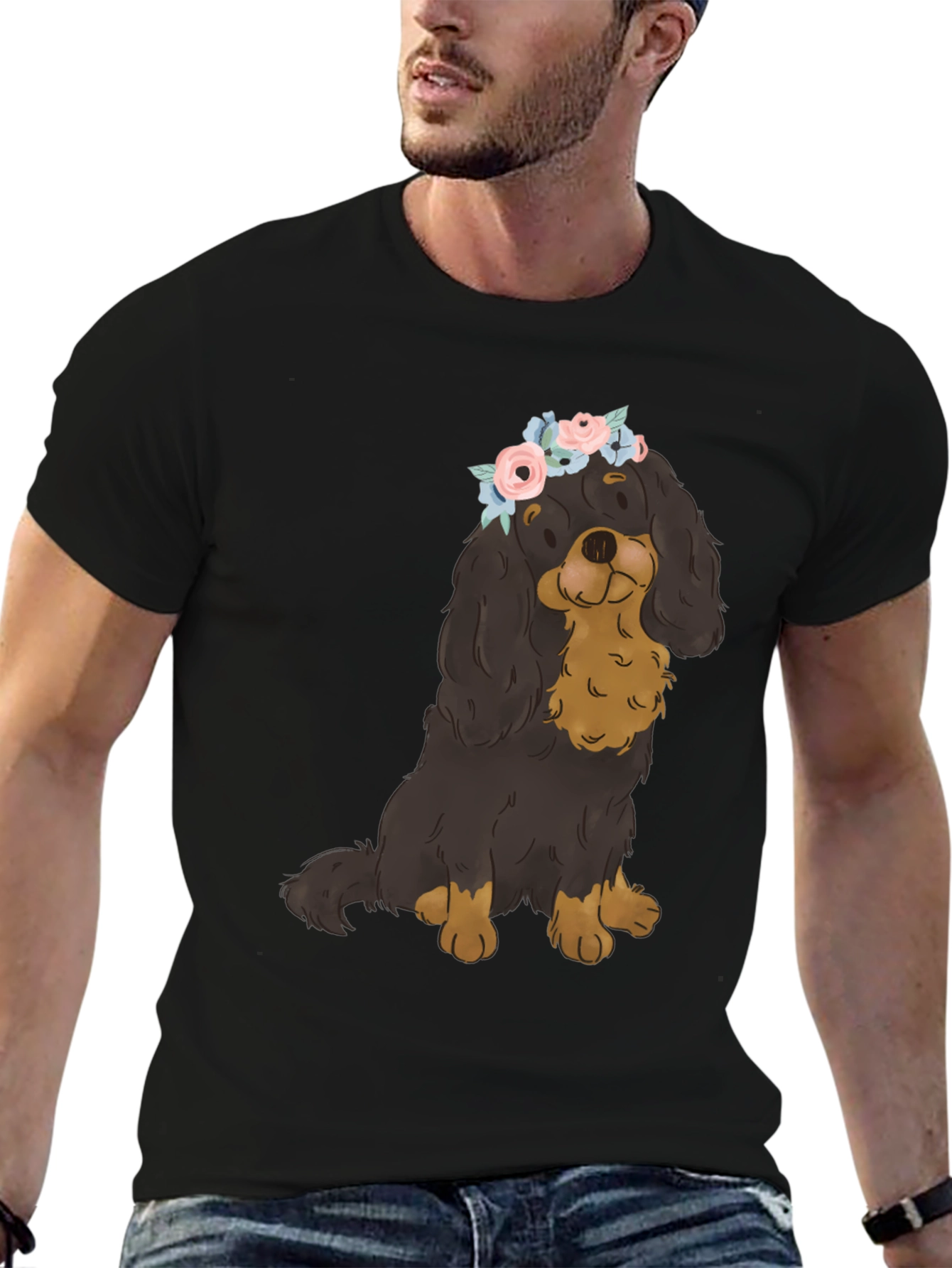 Dog with Flower Crown T-Shirt - Black