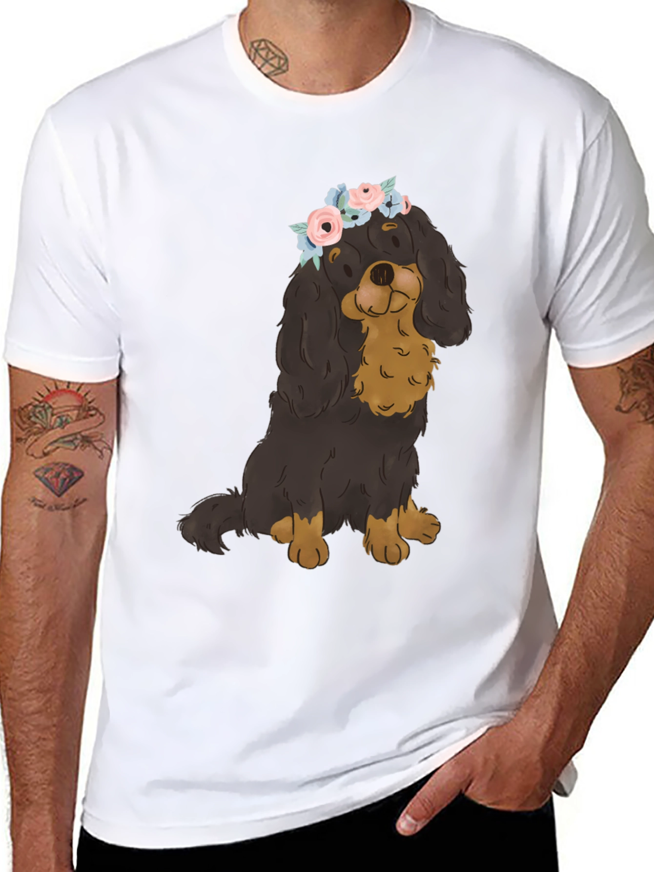 Dog with Flower Crown T-Shirt - Black