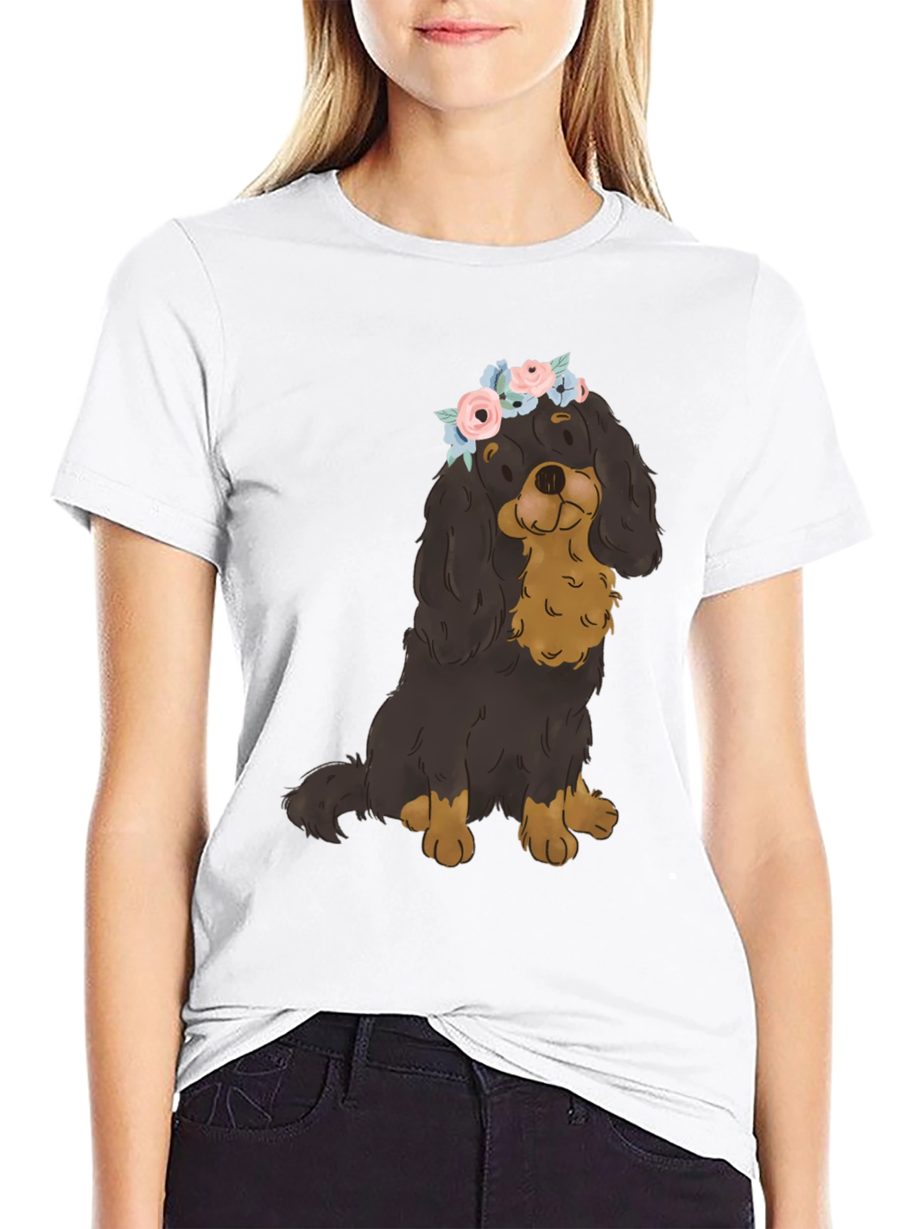 Dog with Flower Crown T-Shirt - Black