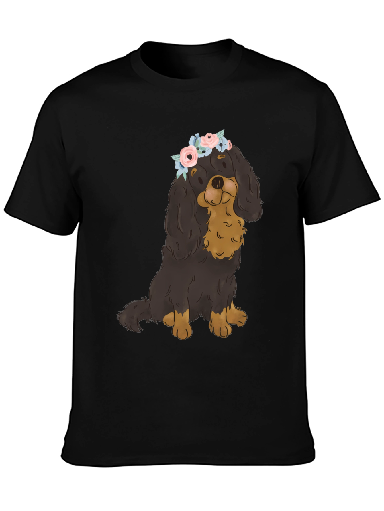 Dog with Flower Crown T-Shirt - Black