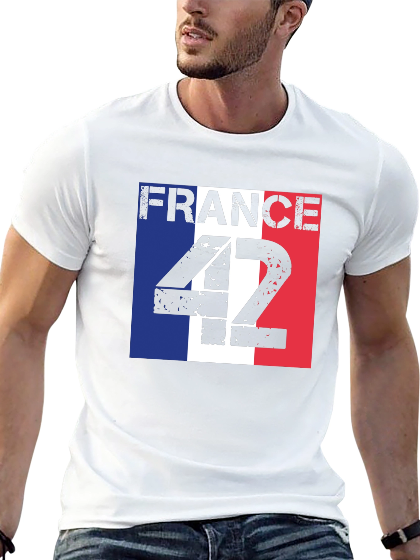 France Flag T-Shirt - Distressed Number 42 Design