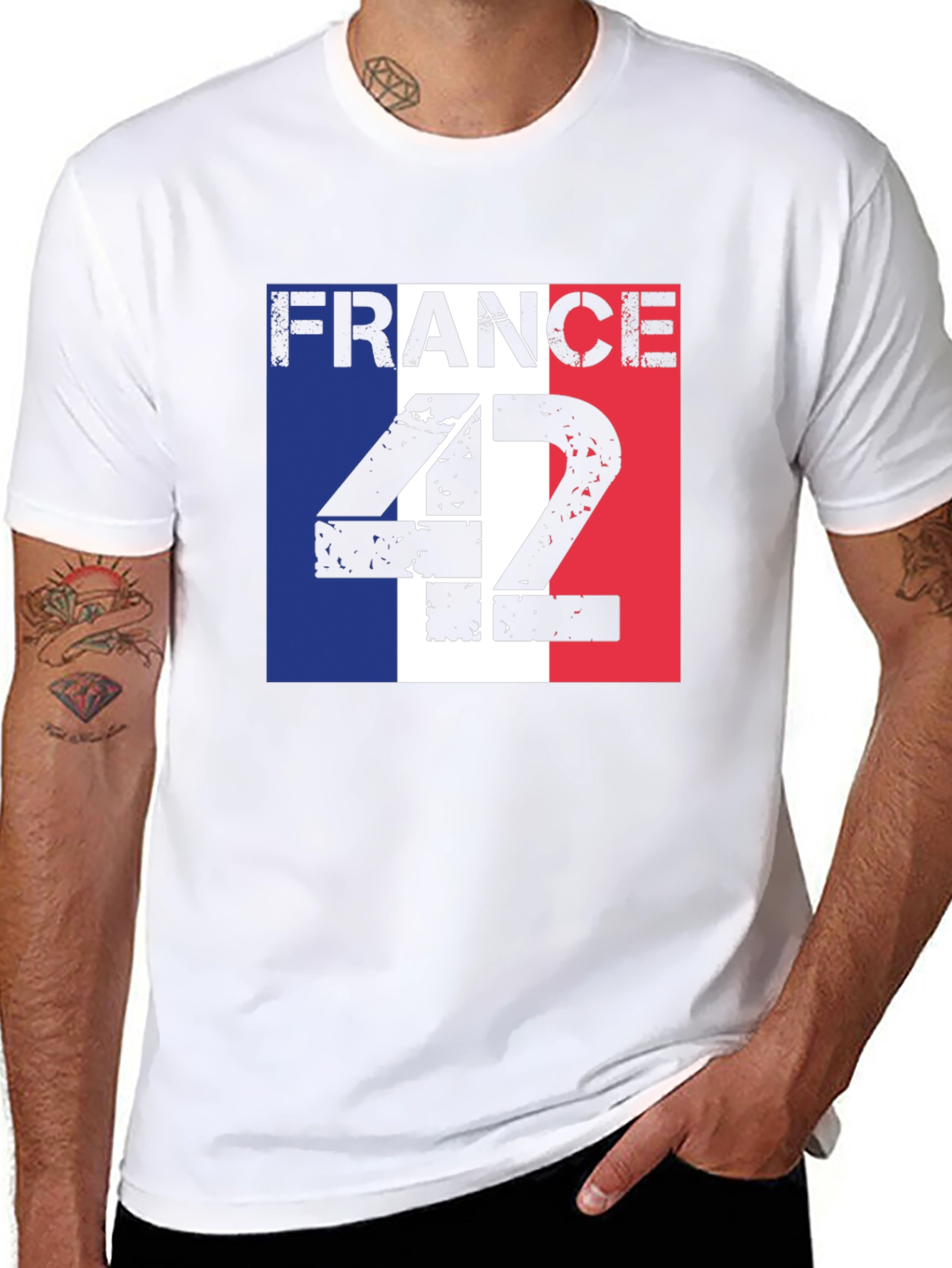 France Flag T-Shirt - Distressed Number 42 Design