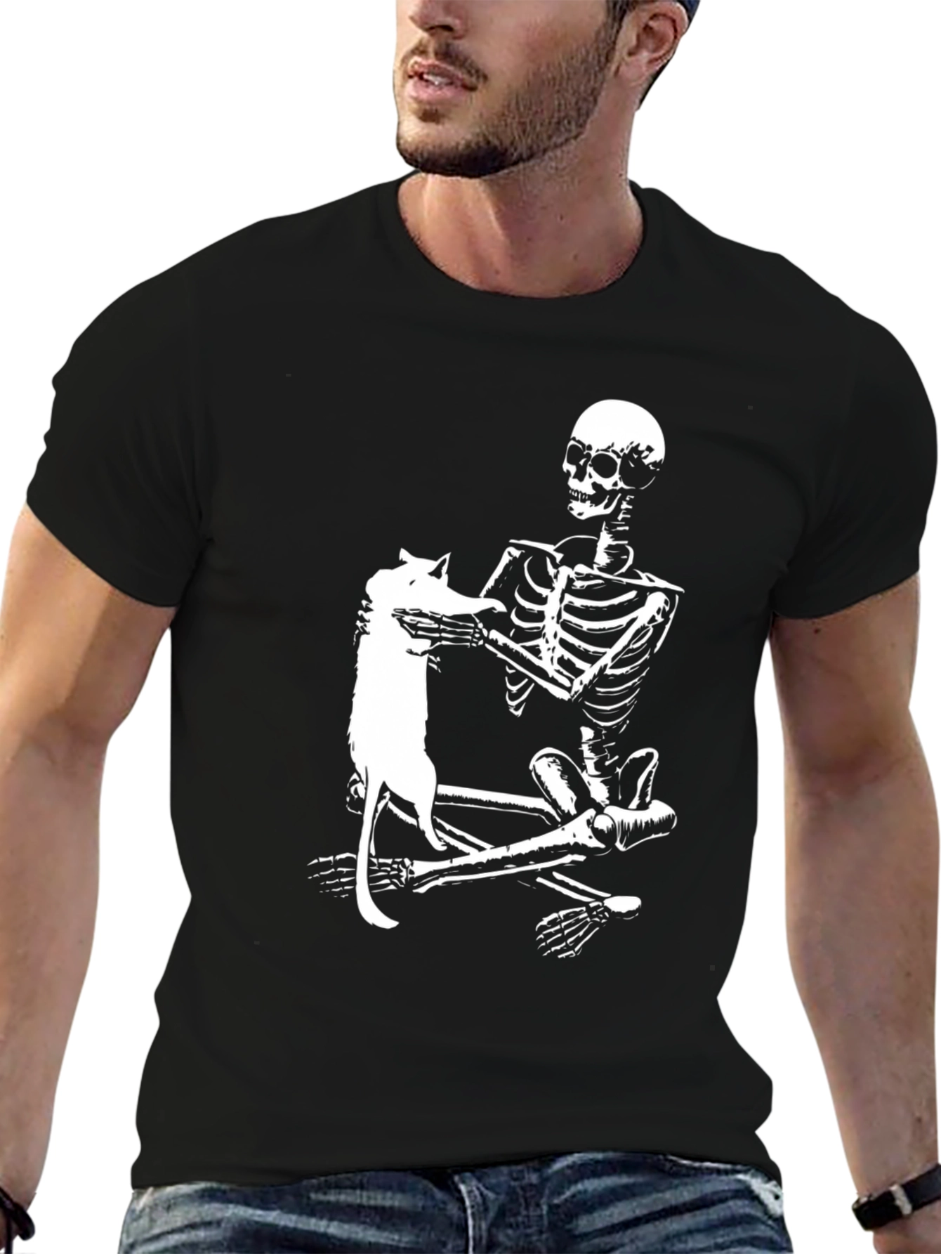 Skeleton & Cat Graphic Tee - Black