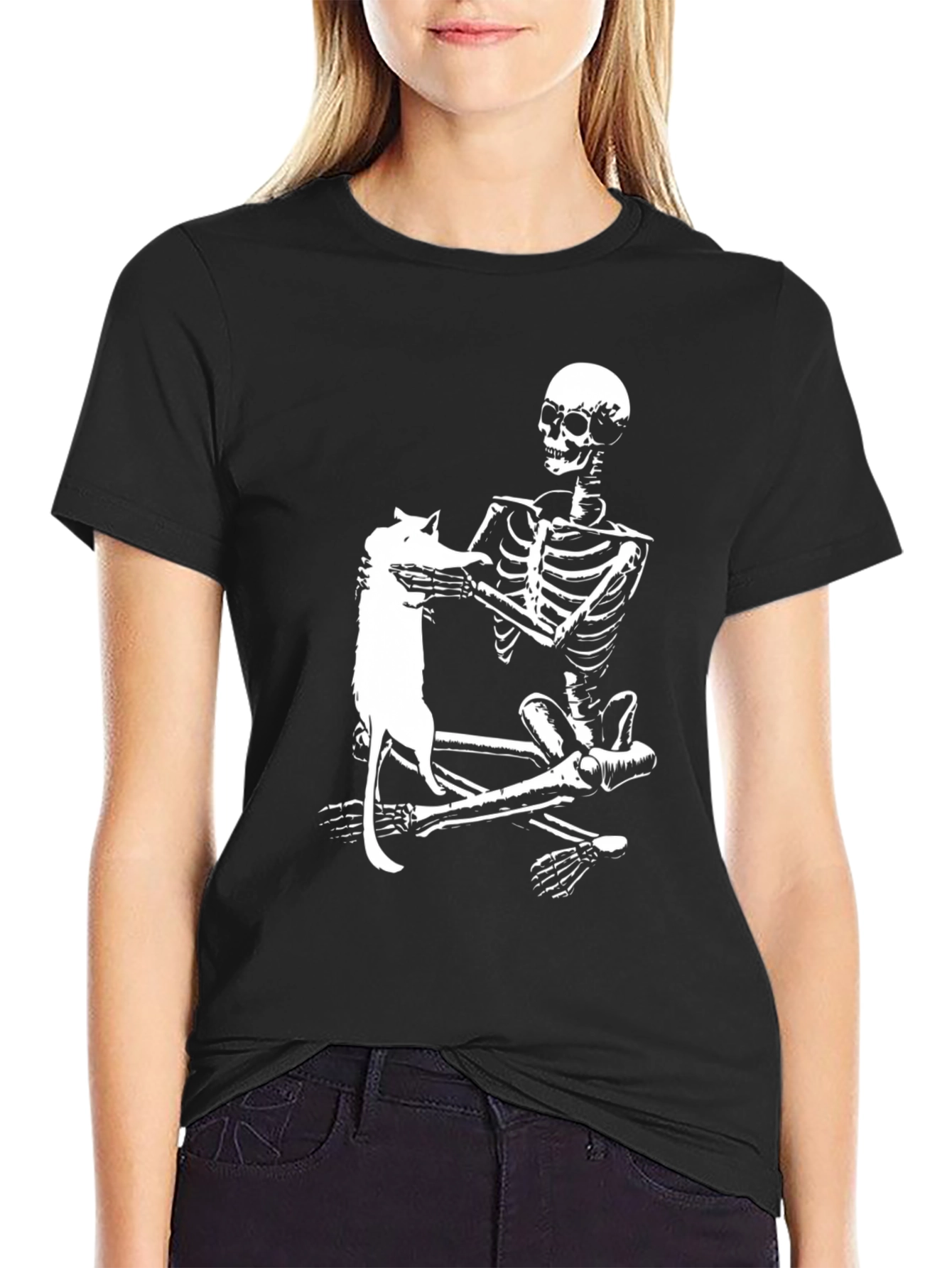 Skeleton & Cat Graphic Tee - Black