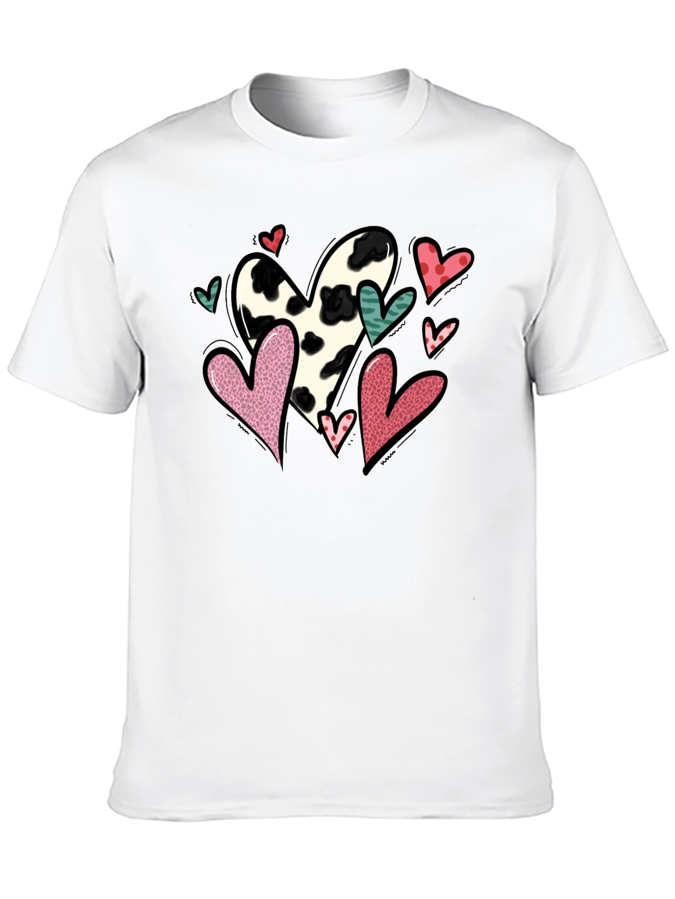 Black T-Shirt with Cow Print Heart Valentines Day Design