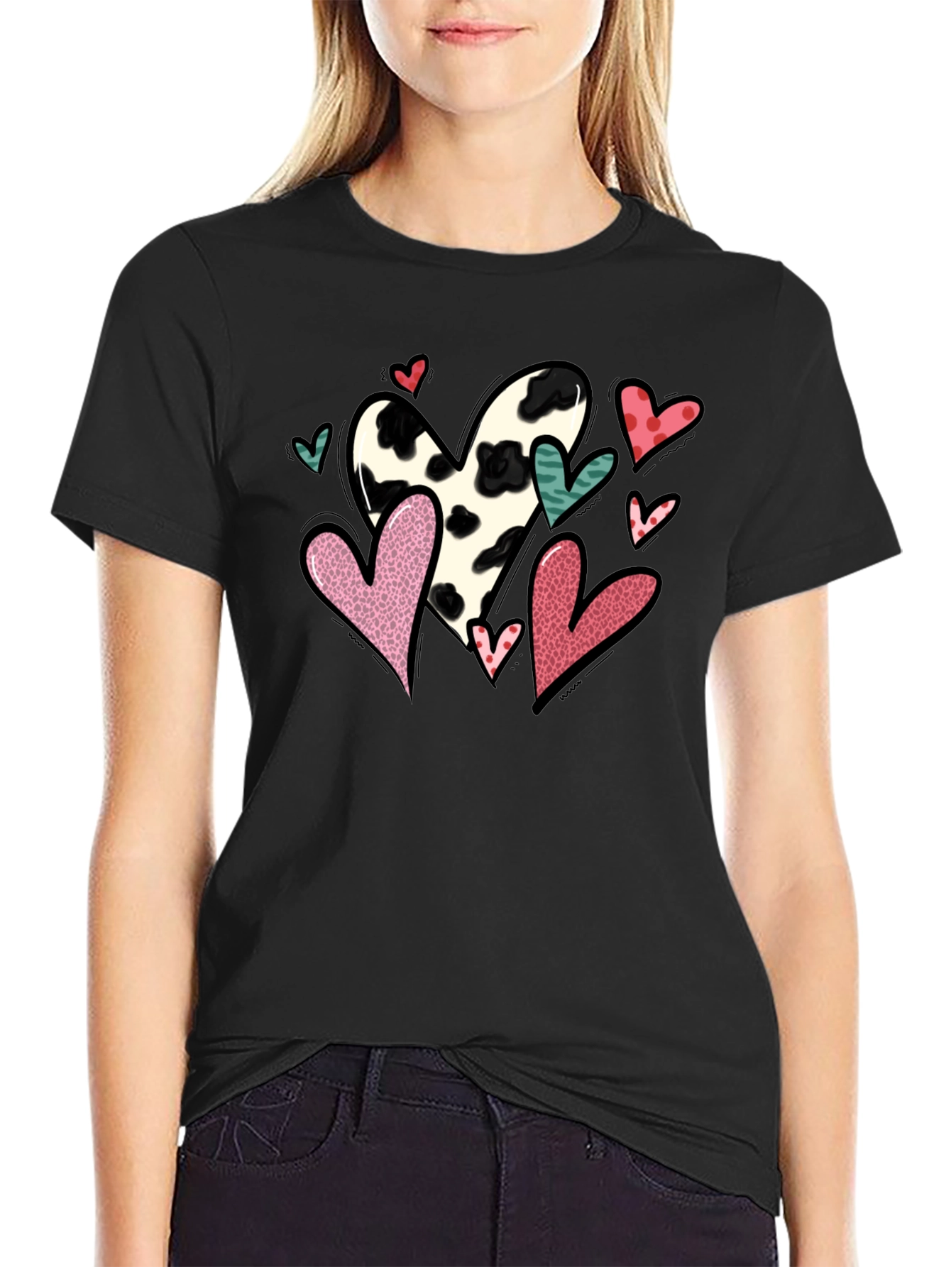 Black T-Shirt with Cow Print Heart Valentines Day Design