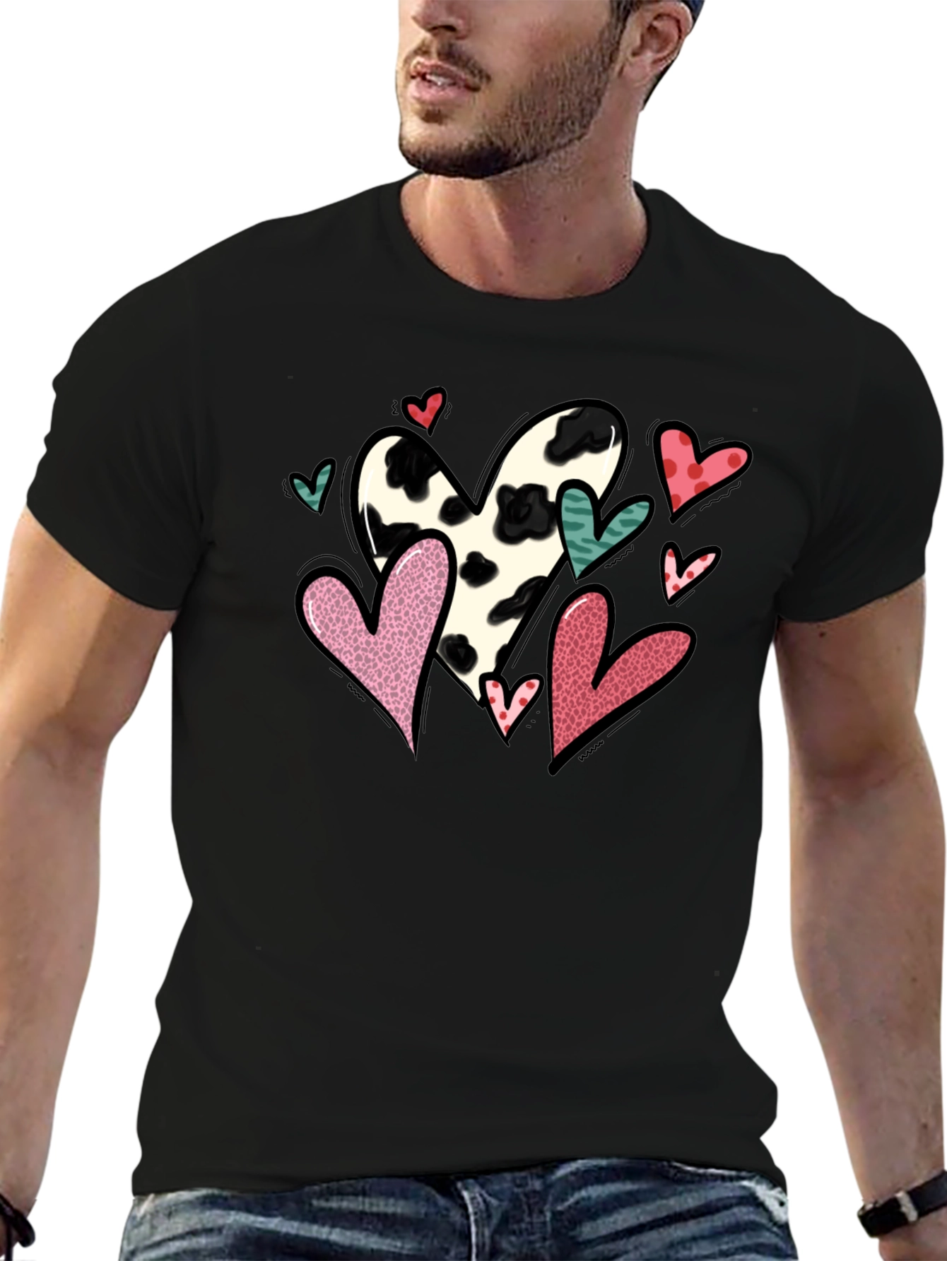 Black T-Shirt with Cow Print Heart Valentines Day Design