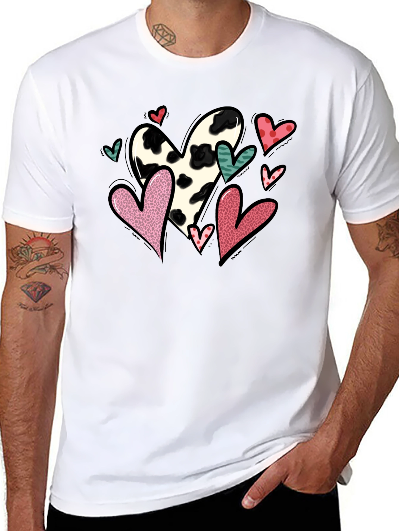 Black T-Shirt with Cow Print Heart Valentines Day Design