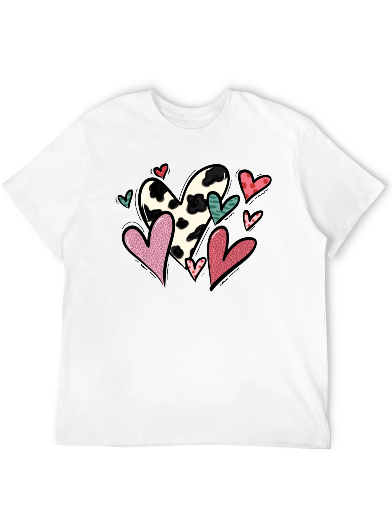 Black T-Shirt with Cow Print Heart Valentines Day Design
