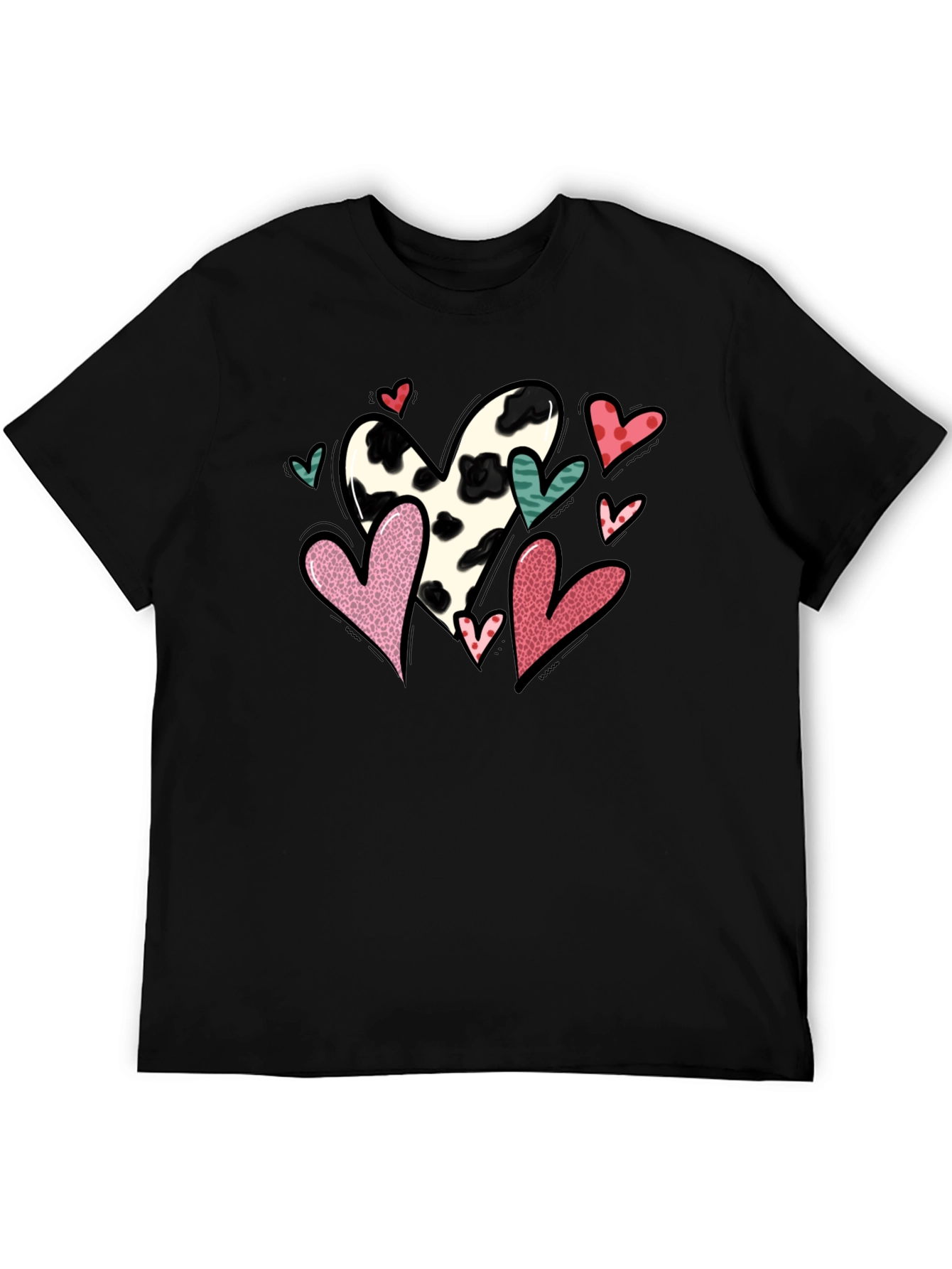 Black T-Shirt with Cow Print Heart Valentines Day Design