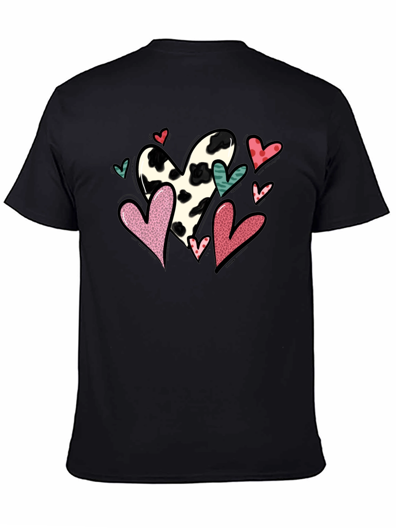 Black T-Shirt with Cow Print Heart Valentines Day Design
