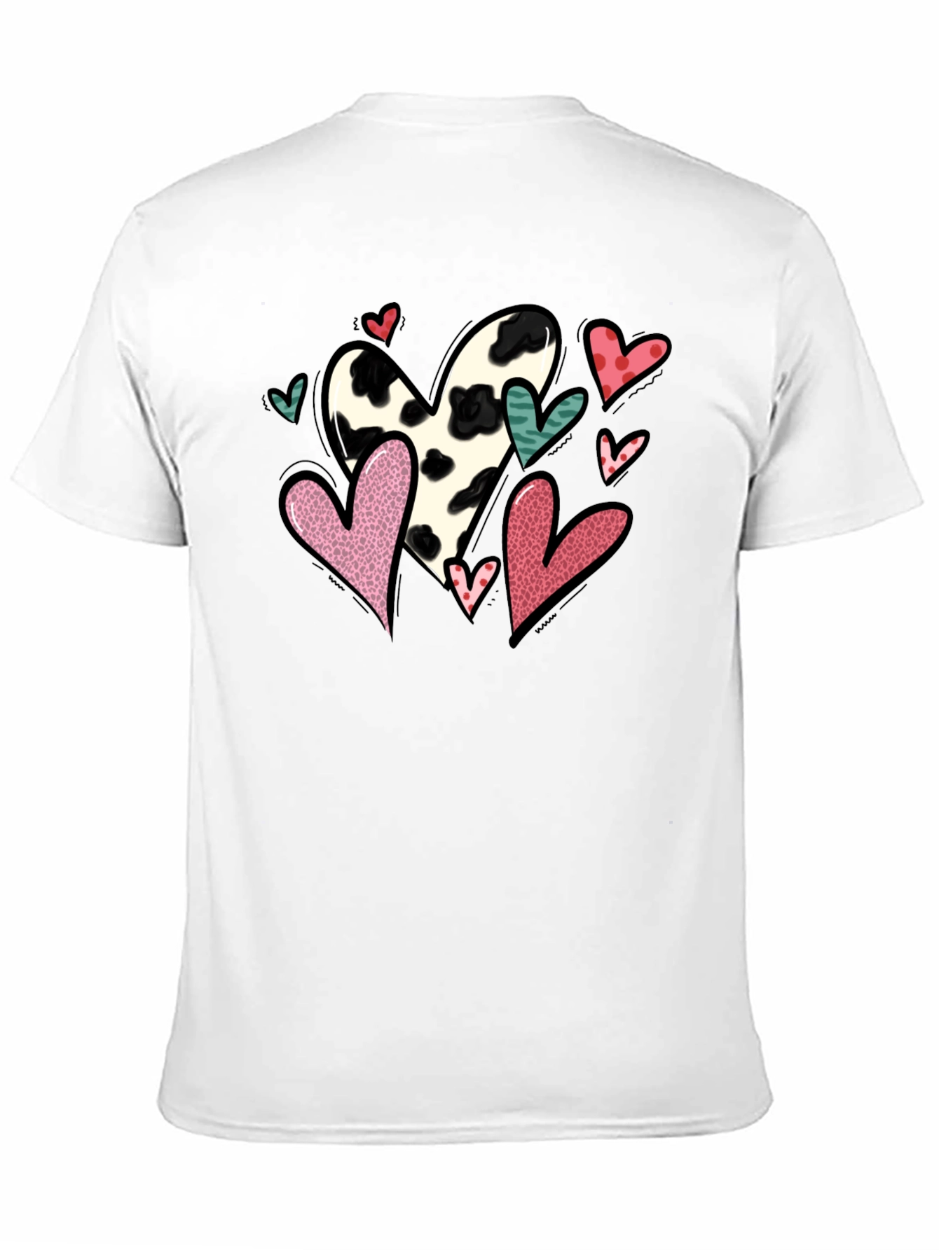 Black T-Shirt with Cow Print Heart Valentines Day Design