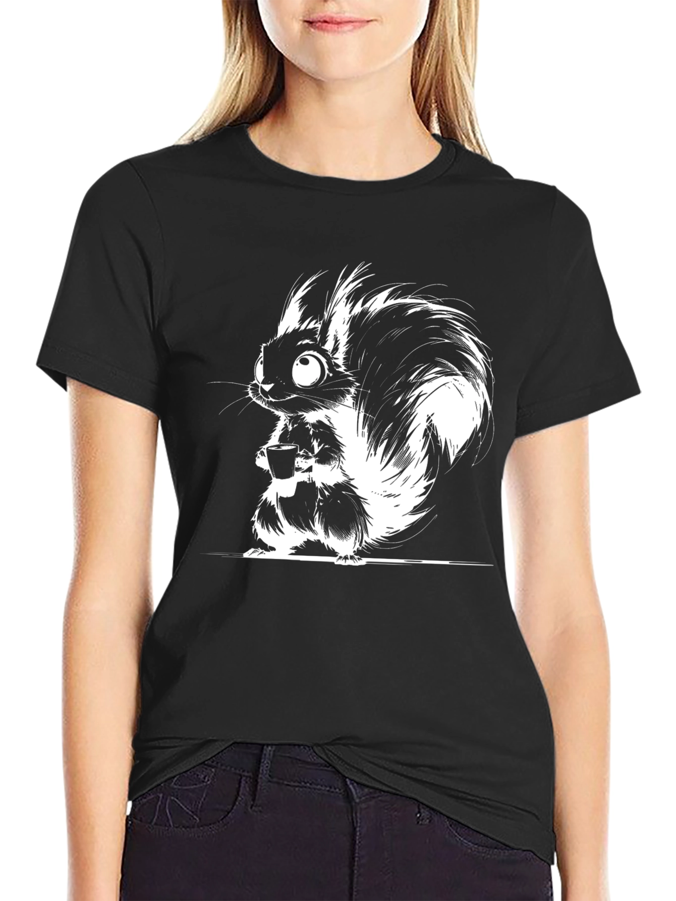 Whimsical Squirrel Graphic Tee - Black