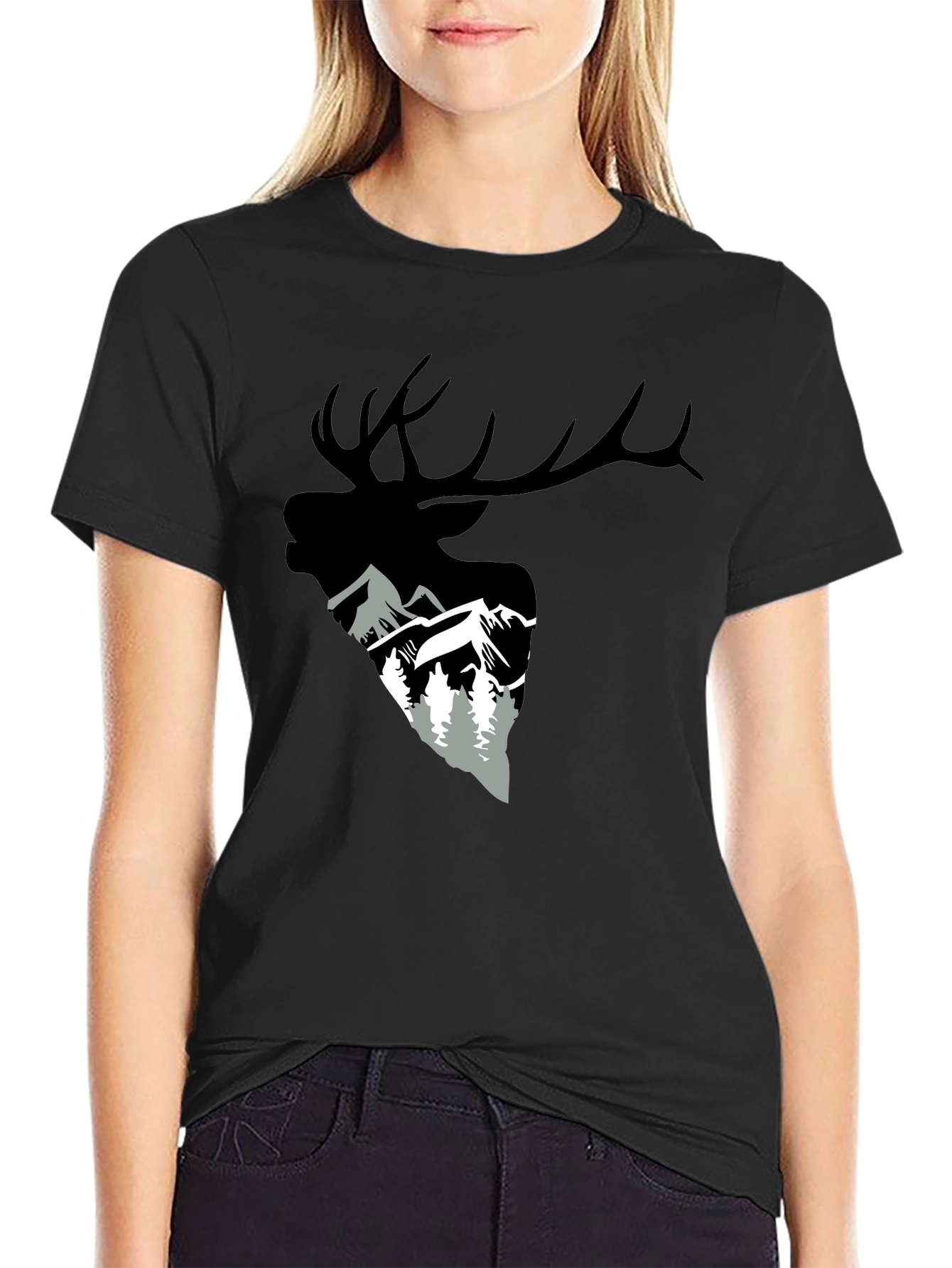 Elk and Mountain Graphic Tee - Black