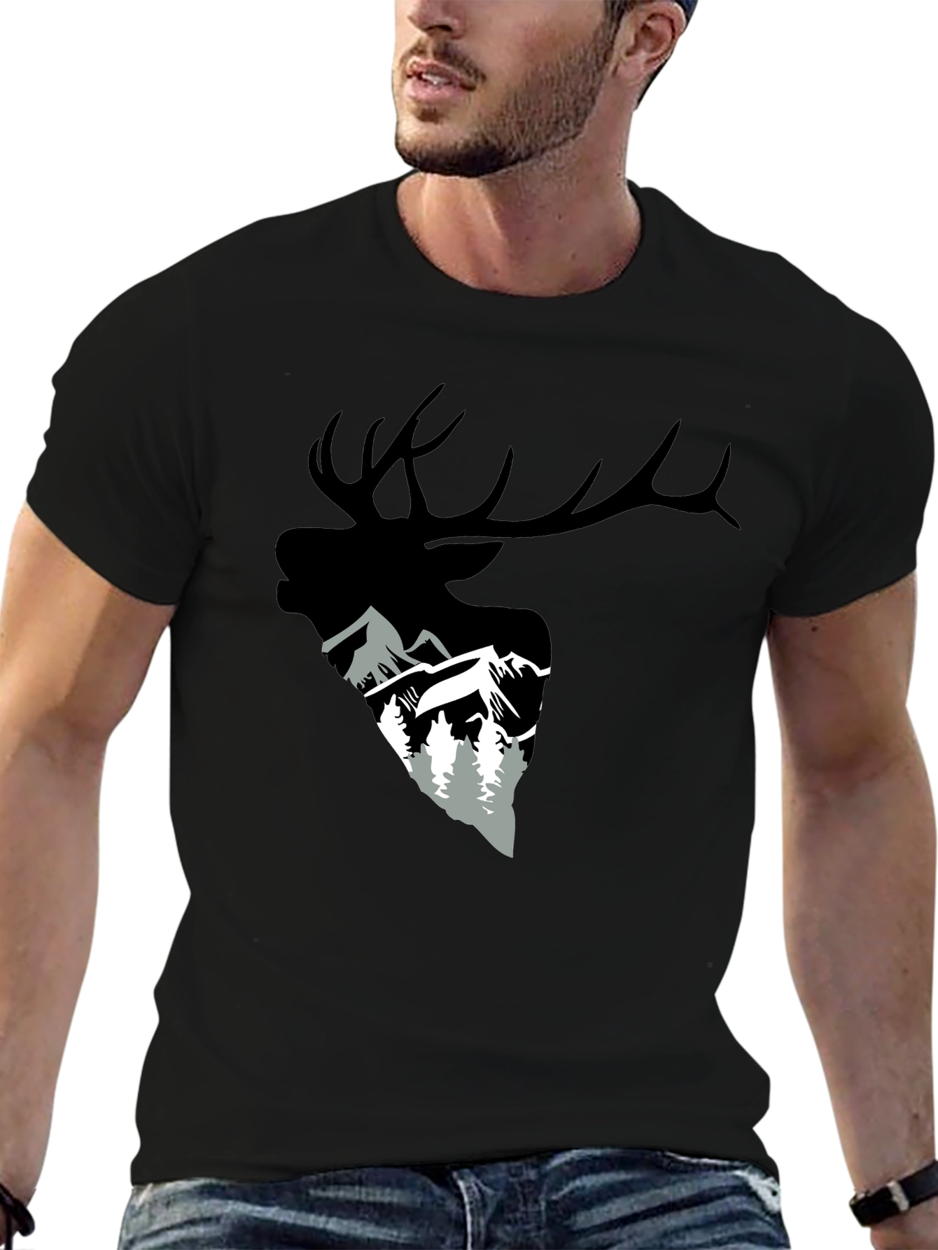 Elk and Mountain Graphic Tee - Black