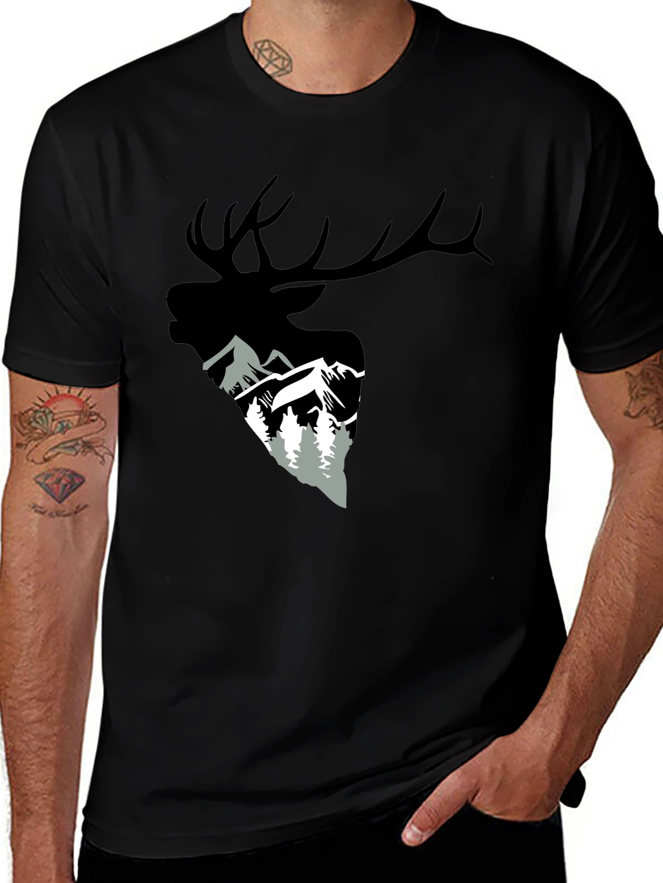 Elk and Mountain Graphic Tee - Black
