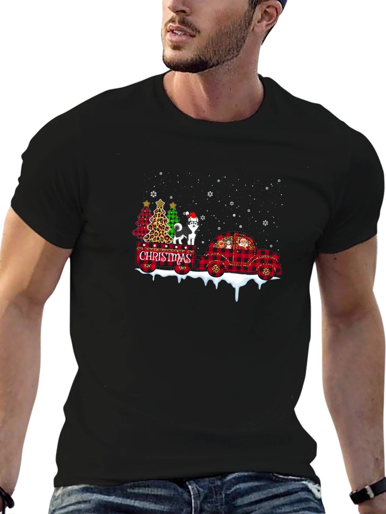Christmas Husky Tee - Plaid Car & Xmas Trees