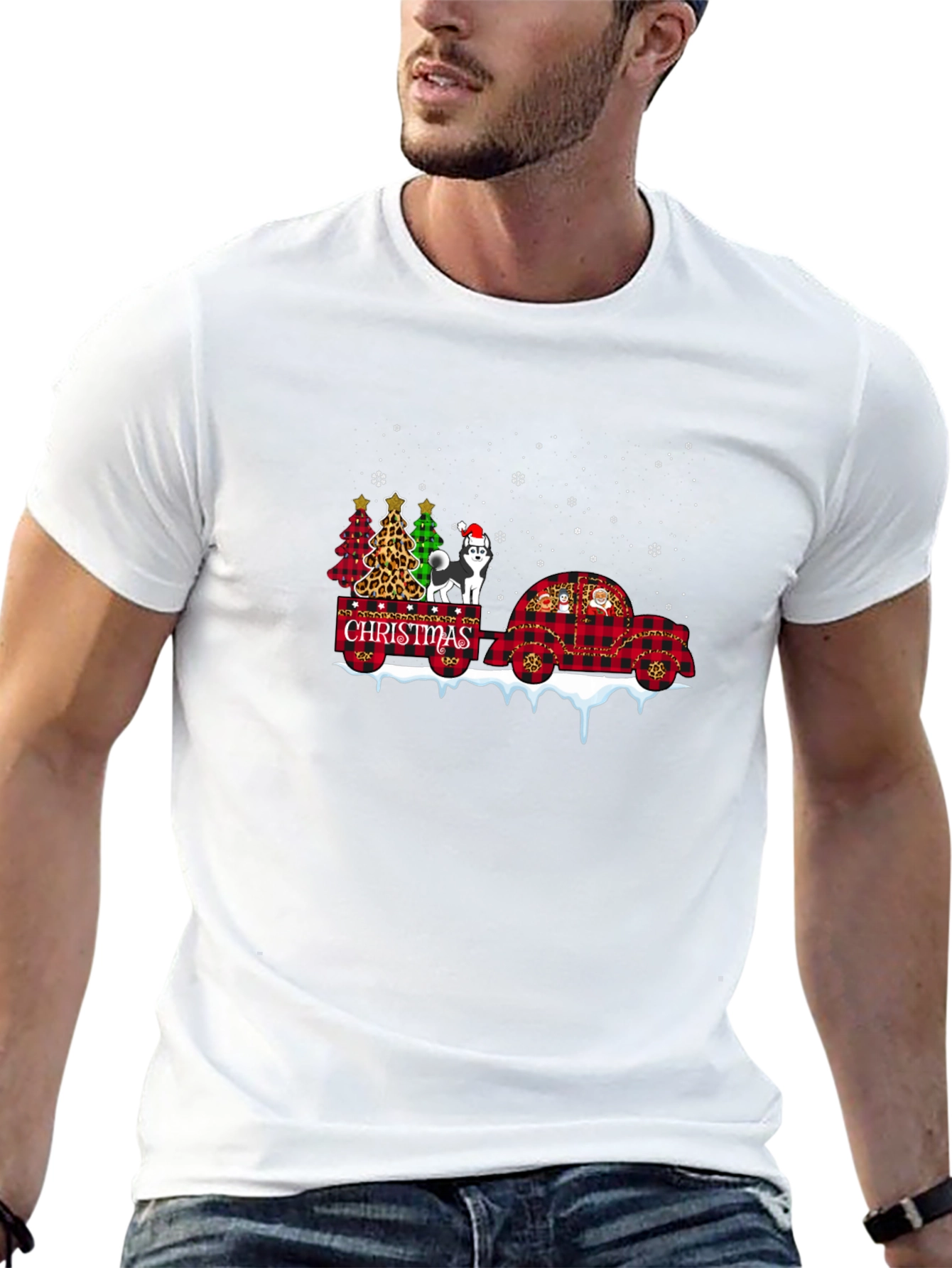 Christmas Husky Tee - Plaid Car & Xmas Trees