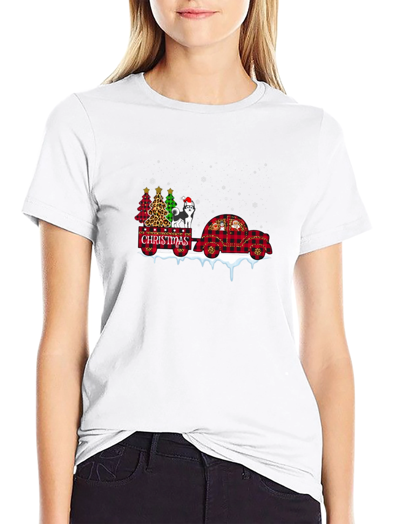 Christmas Husky Tee - Plaid Car & Xmas Trees