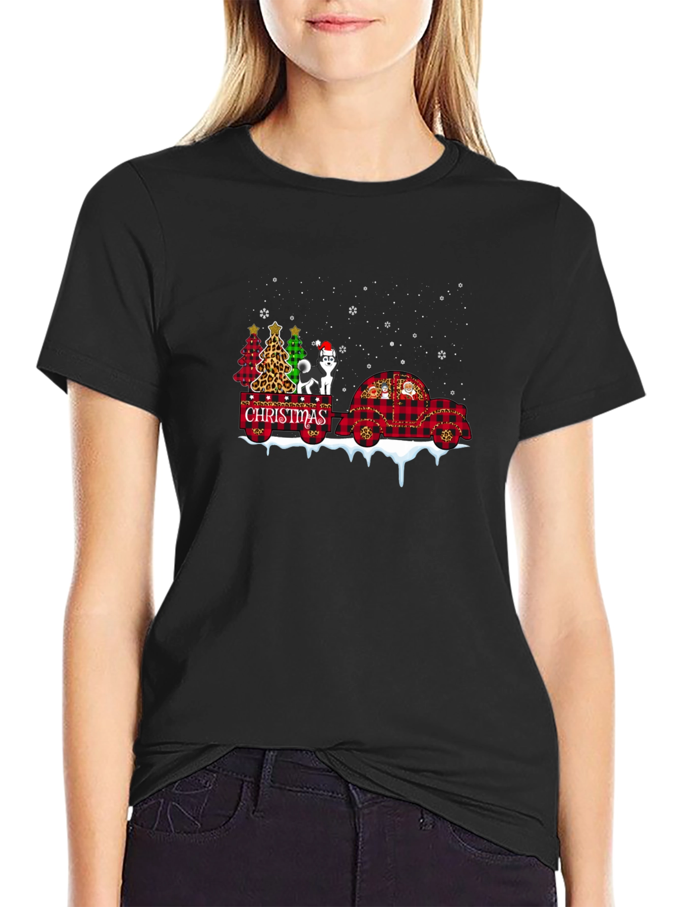 Christmas Husky Tee - Plaid Car & Xmas Trees