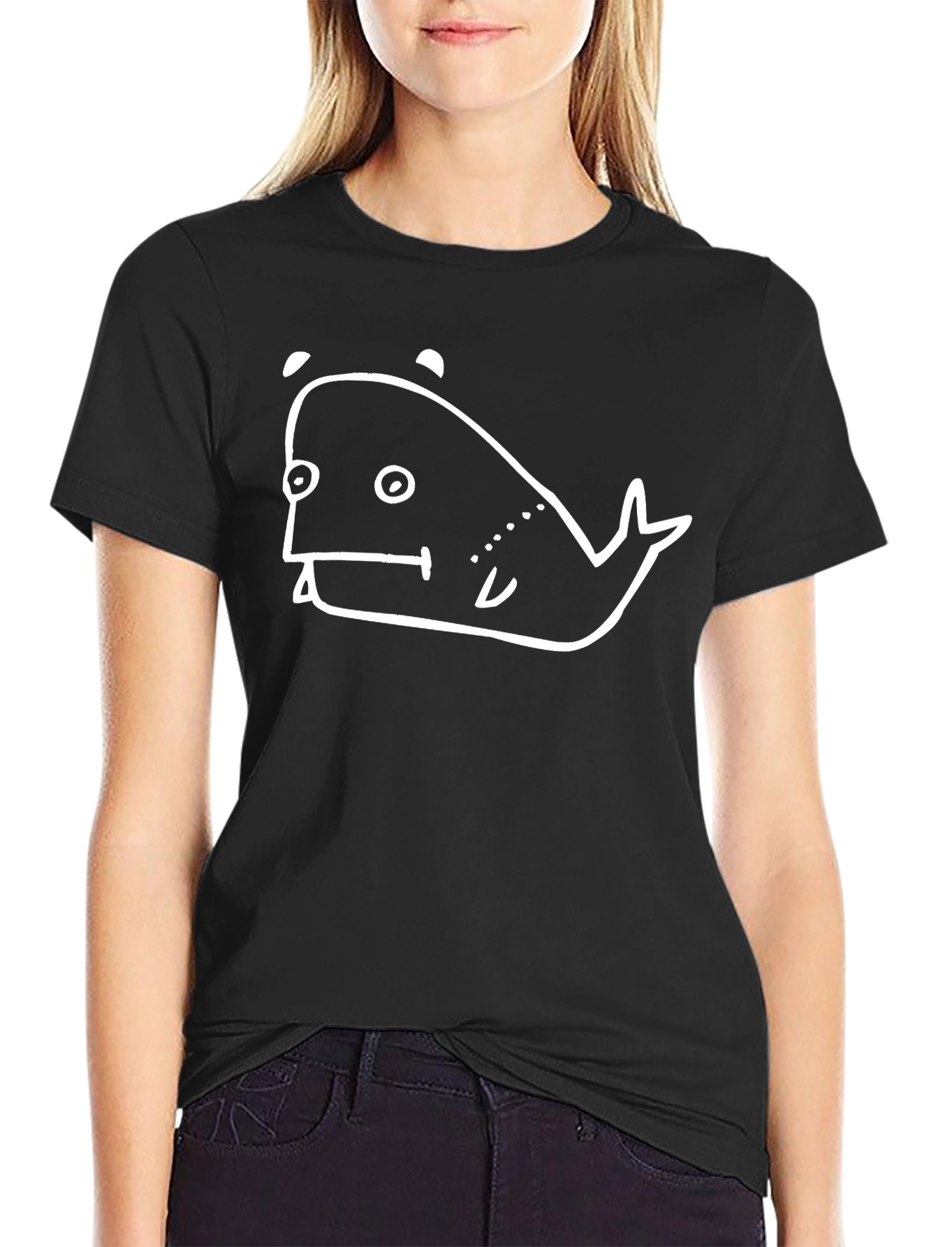Cartoon Whale Graphic Tee - Black Cotton T-Shirt