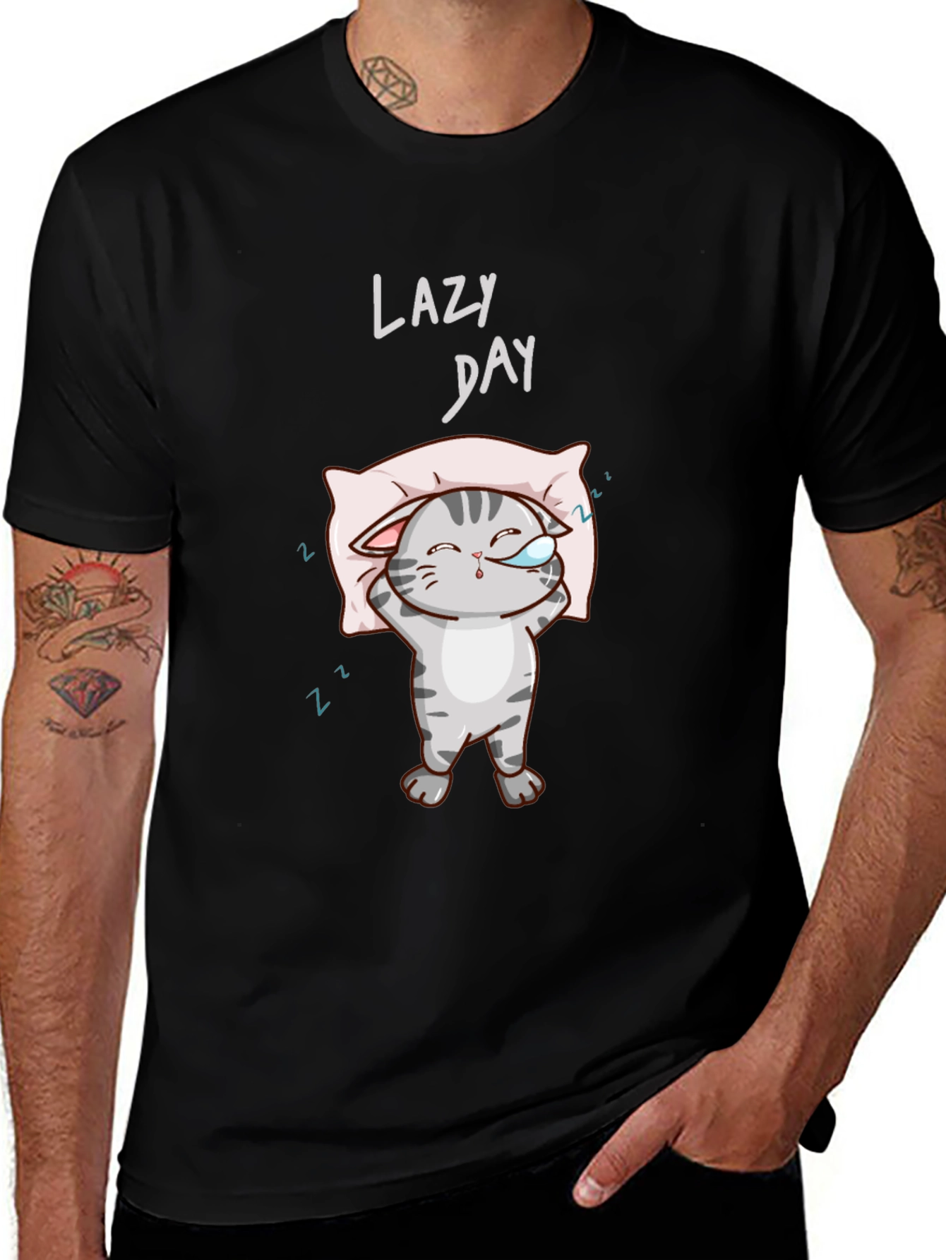 Lazy Day Cat Graphic Tee - Comfy Black T-Shirt