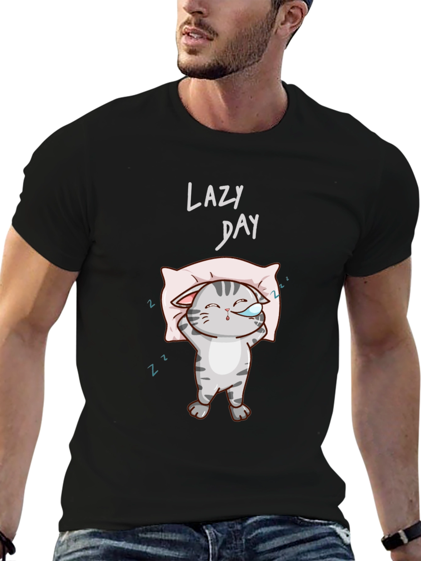 Lazy Day Cat Graphic Tee - Comfy Black T-Shirt