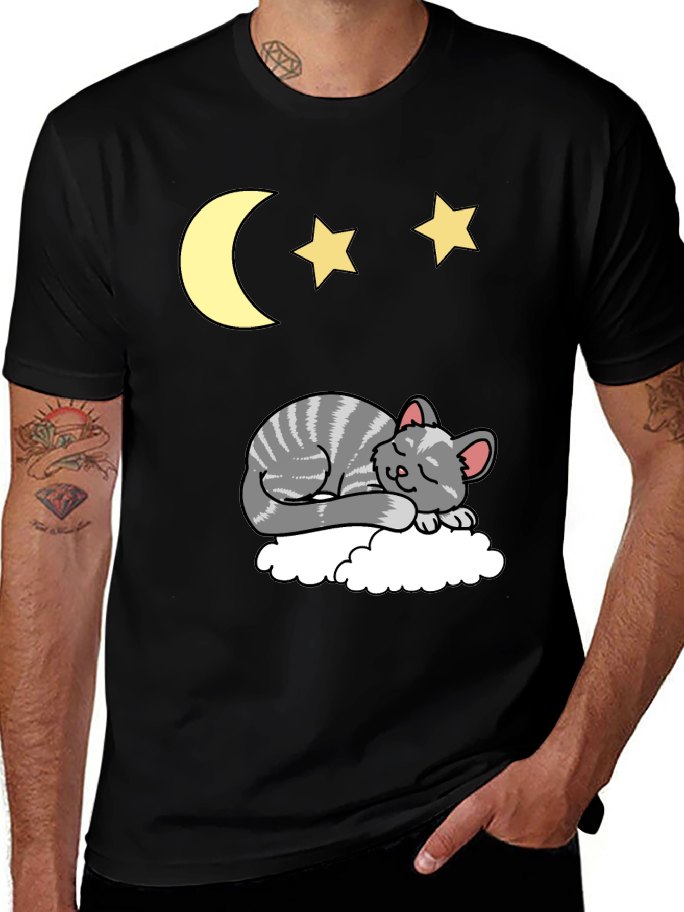 Sleepy Cat Moon & Stars Graphic Tee - Black