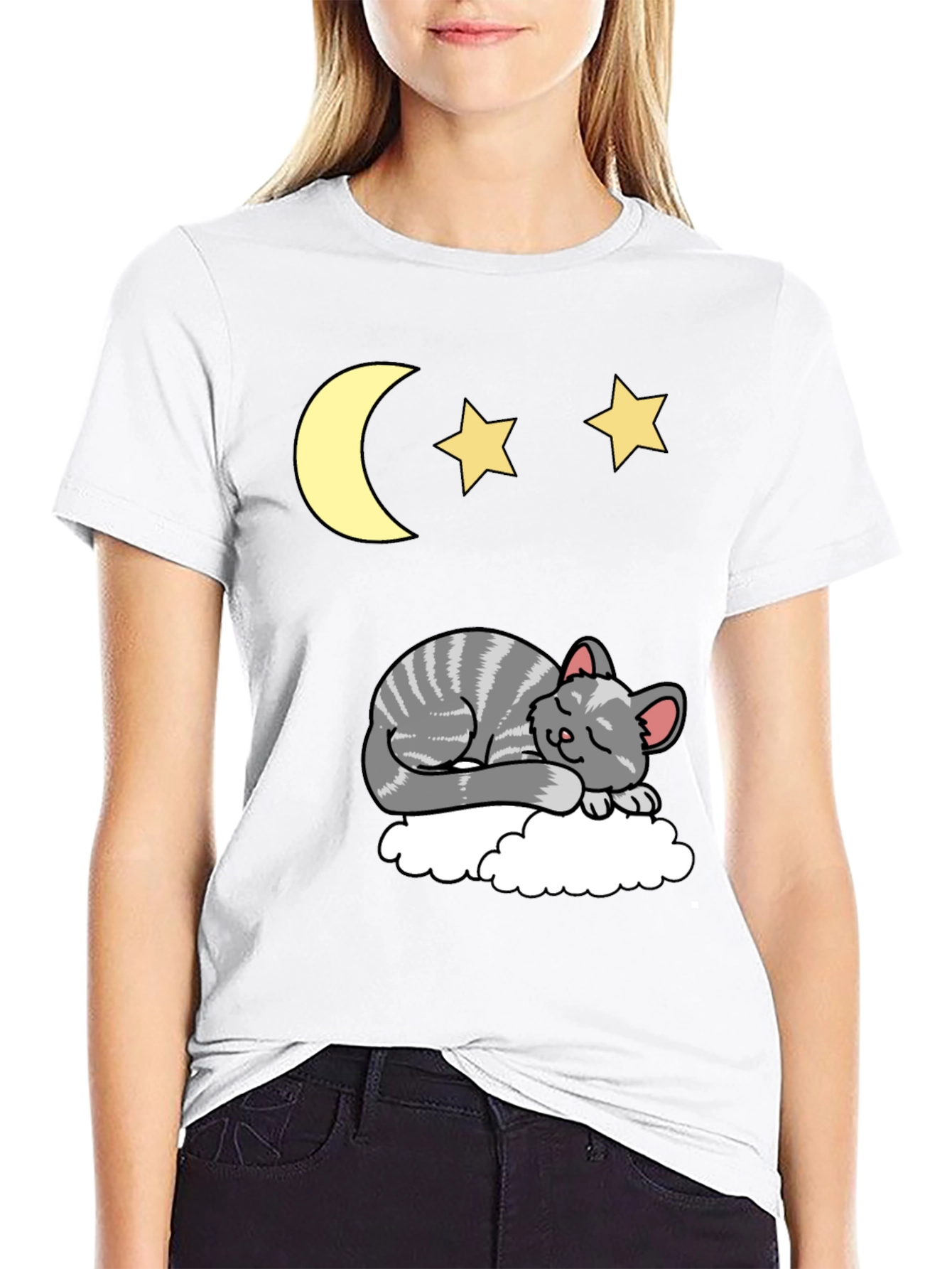 Sleepy Cat Moon & Stars Graphic Tee - Black