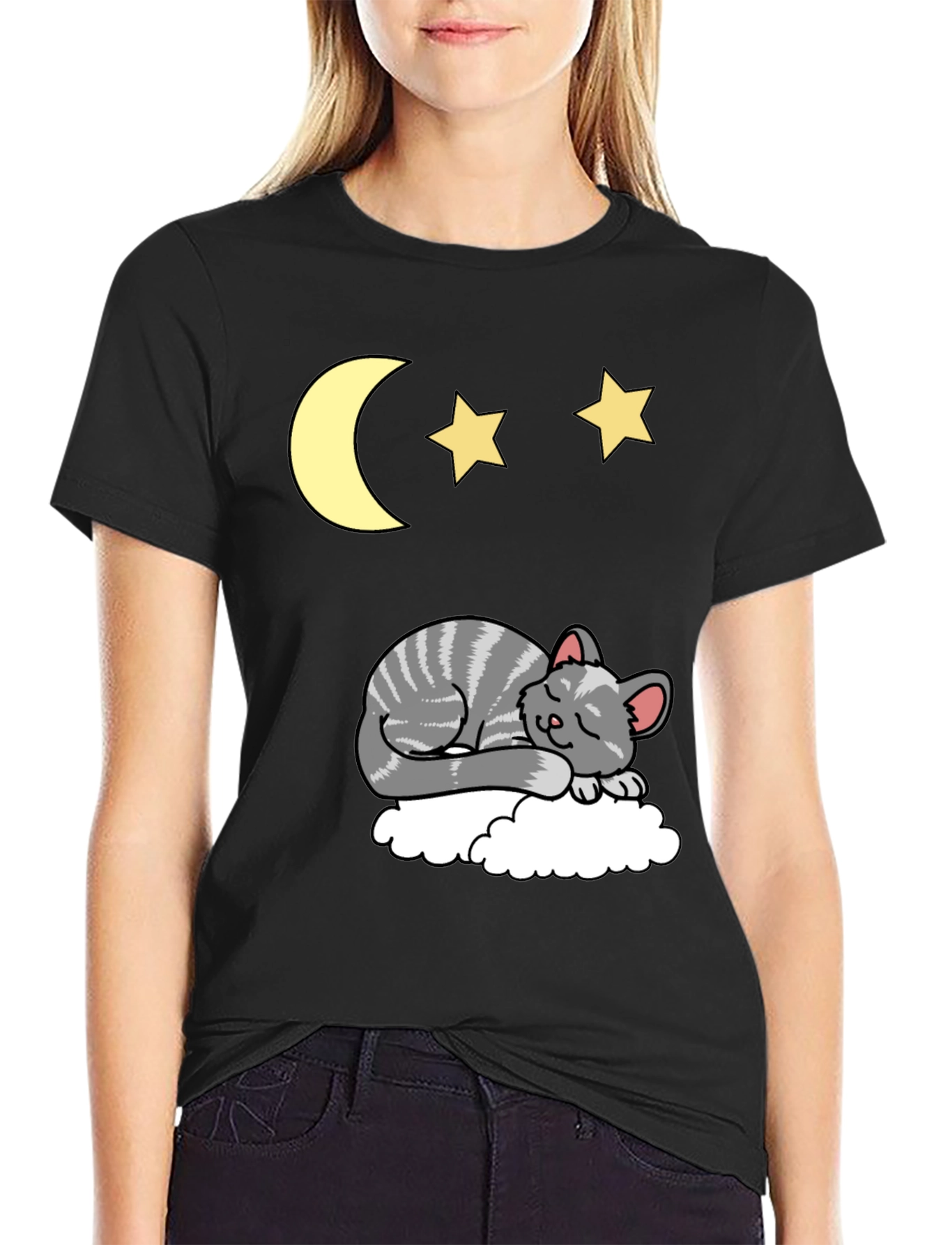 Sleepy Cat Moon & Stars Graphic Tee - Black