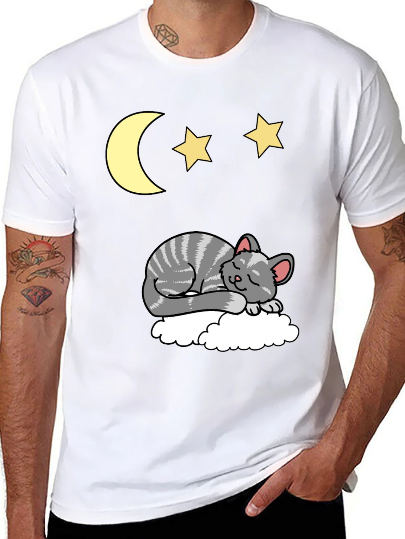 Sleepy Cat Moon & Stars Graphic Tee - Black
