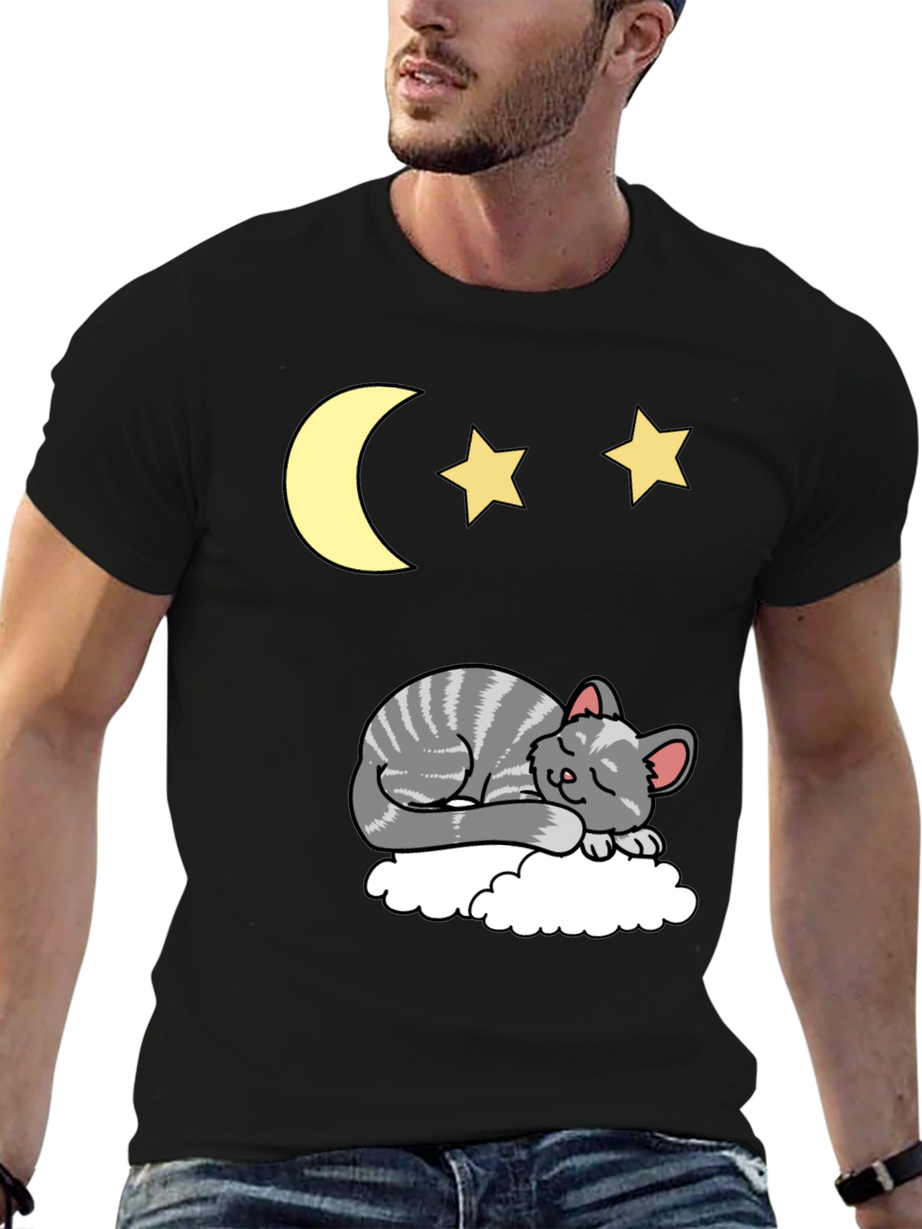 Sleepy Cat Moon & Stars Graphic Tee - Black