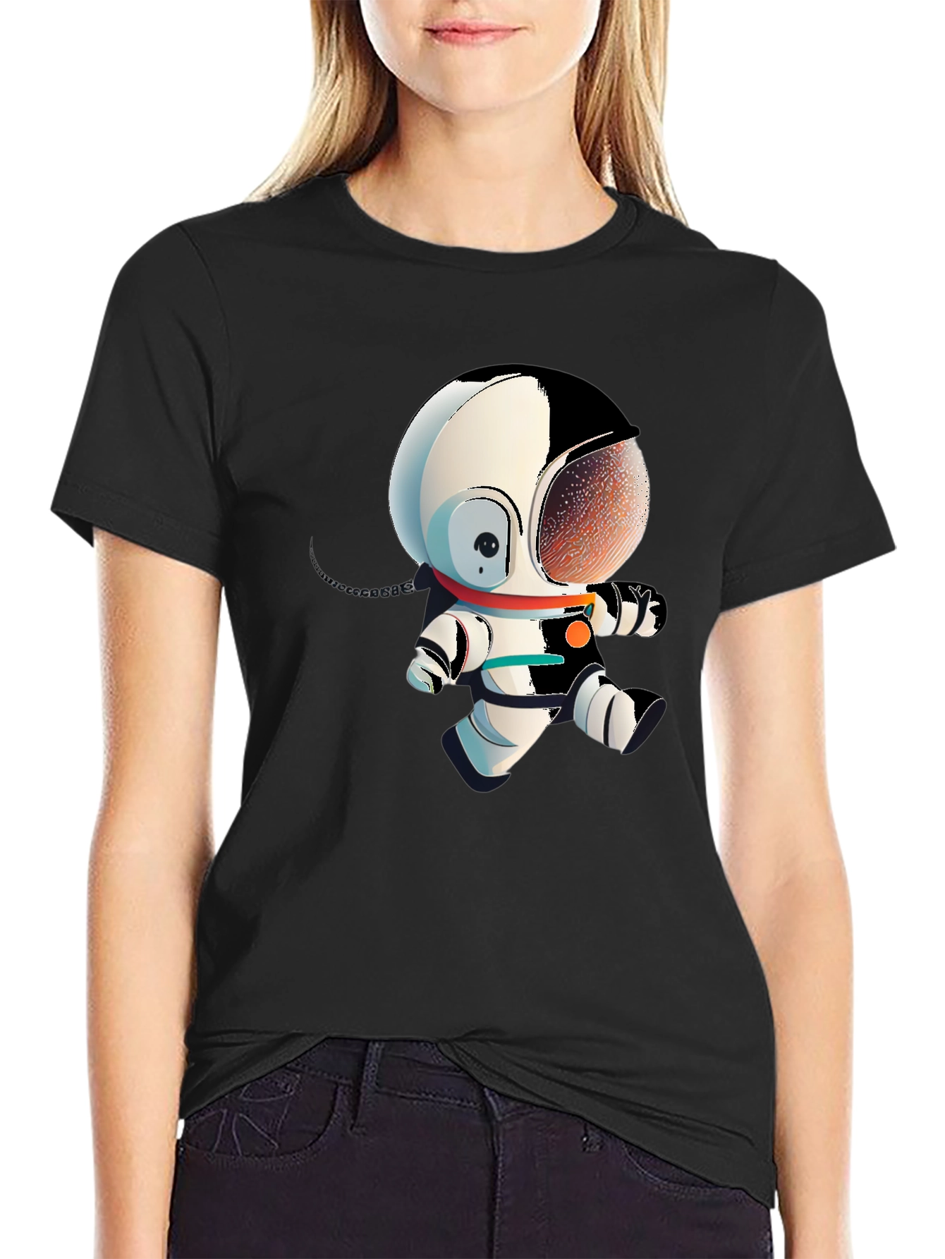 Astronaut Cartoon Graphic Tee - Black