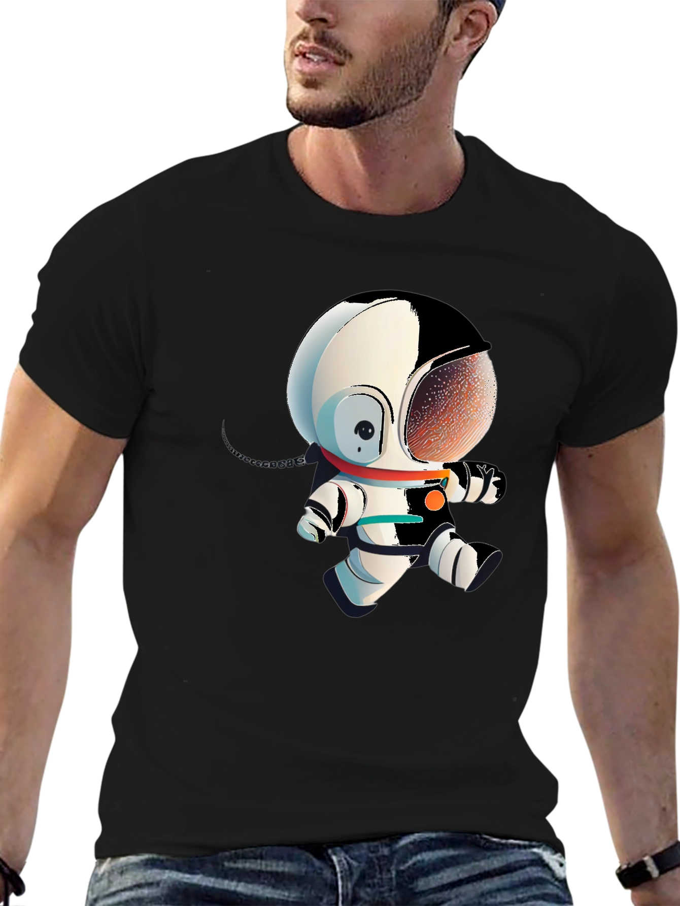 Astronaut Cartoon Graphic Tee - Black