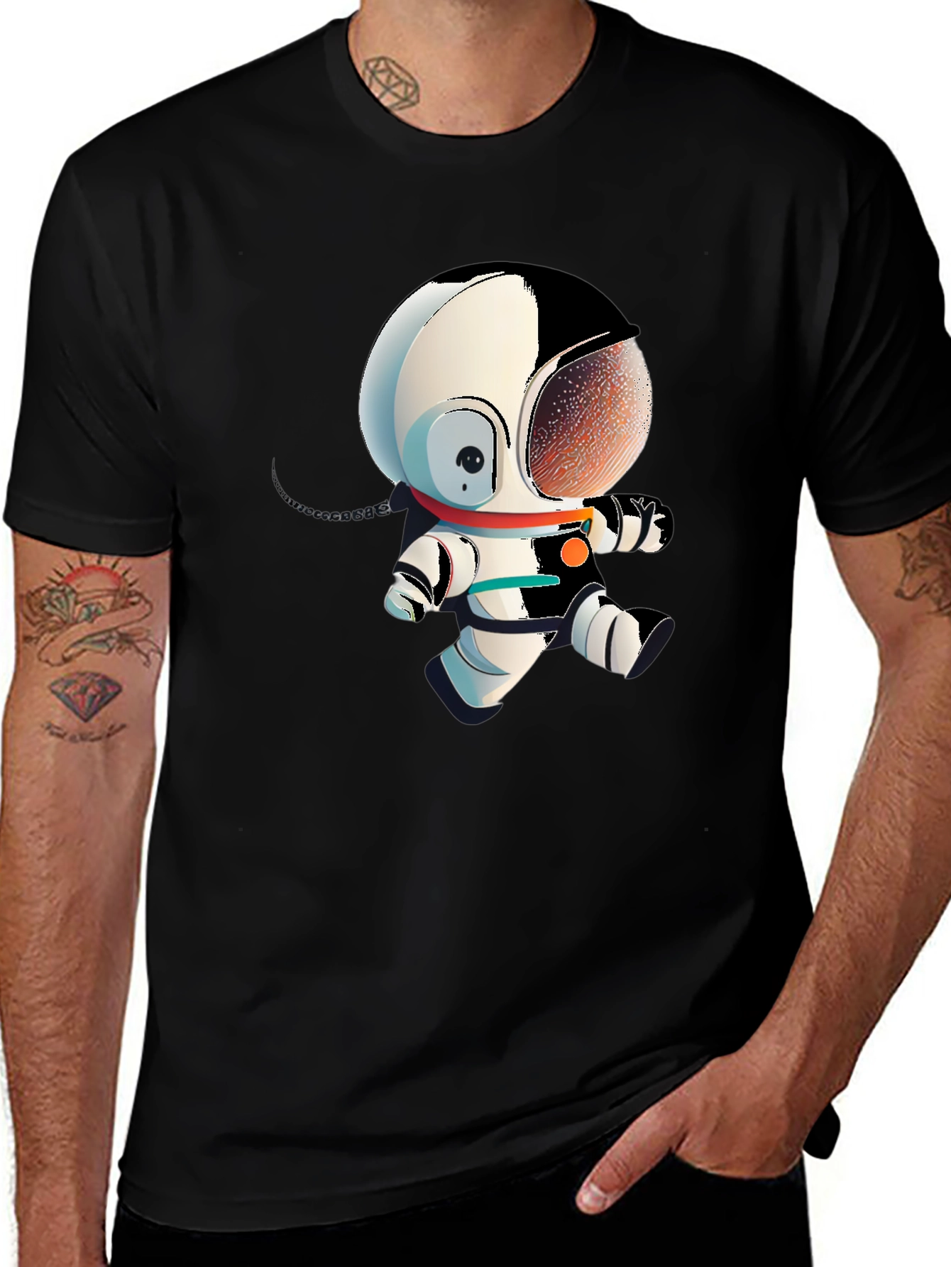 Astronaut Cartoon Graphic Tee - Black