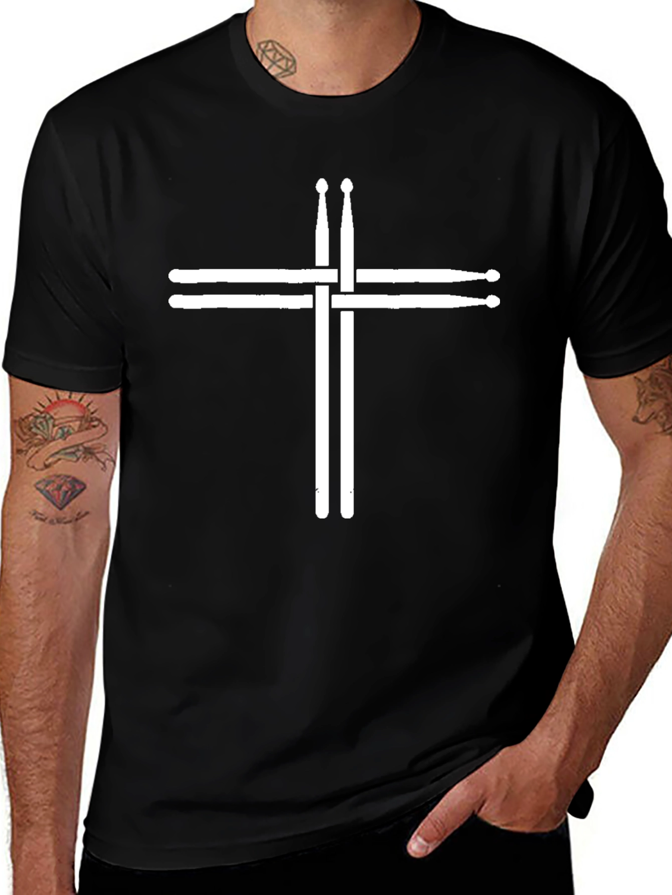 Drum Sticks Cross Graphic Tee - Black Cotton T-Shirt