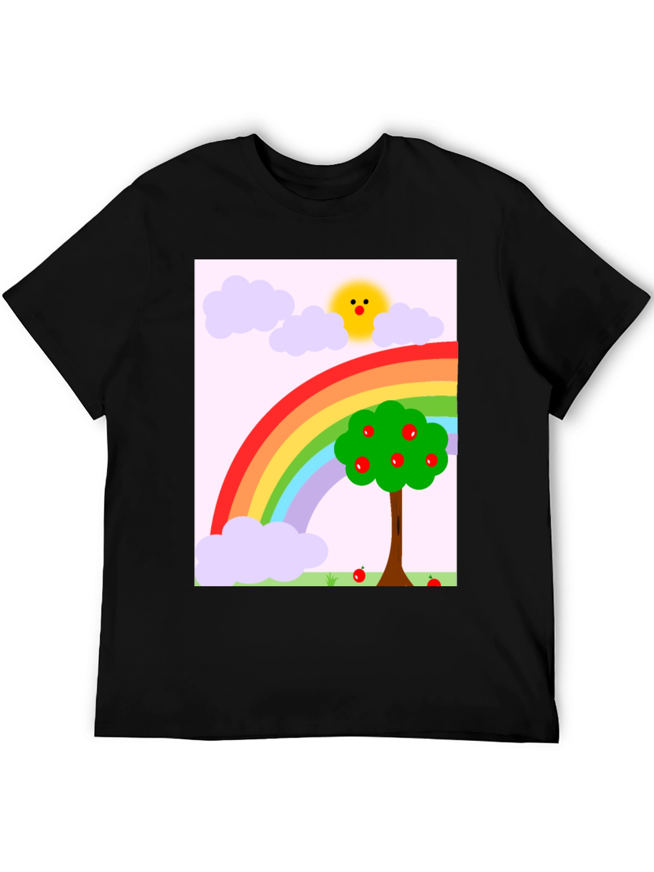 Rainbow Apple Tree Graphic Tee - Black Cotton T-Shirt